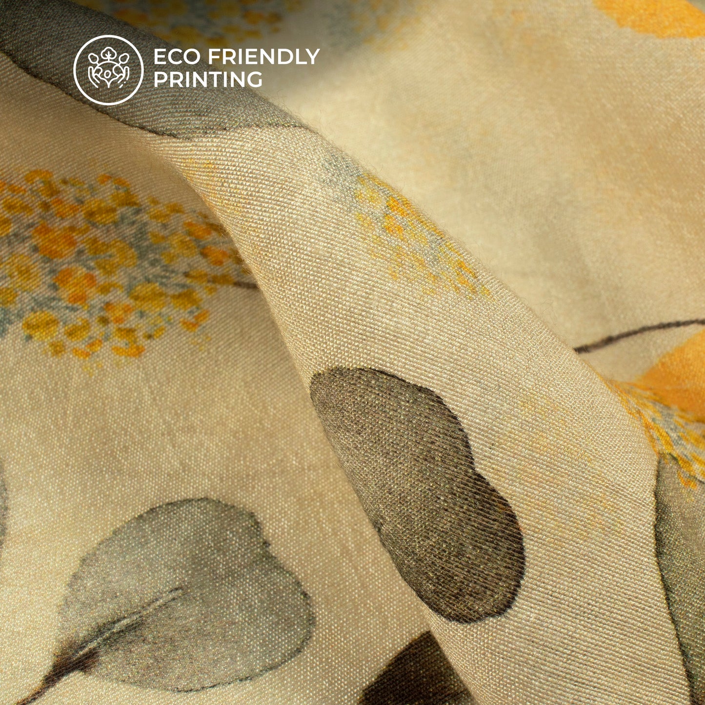 Gold Yellow And Beige Leaf Digital Print Viscose Chanderi Fabric