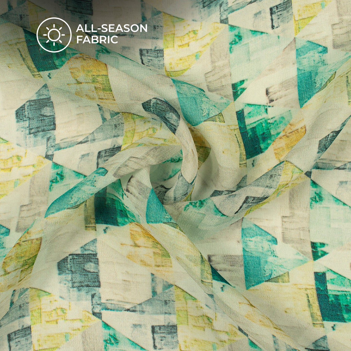 Teal Blue And Beige Geometric Digital Print Pure Georgette Fabric