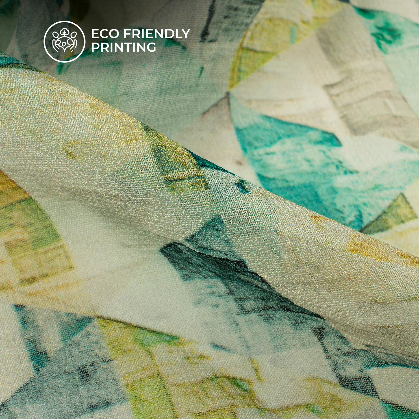 Teal Blue And Beige Geometric Digital Print Pure Georgette Fabric
