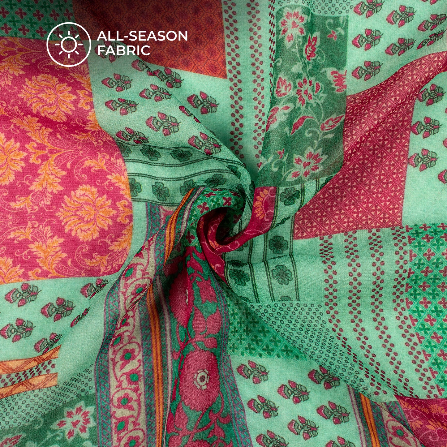 Magenta Pink And Green Patch Digital Print Pure Georgette Fabric