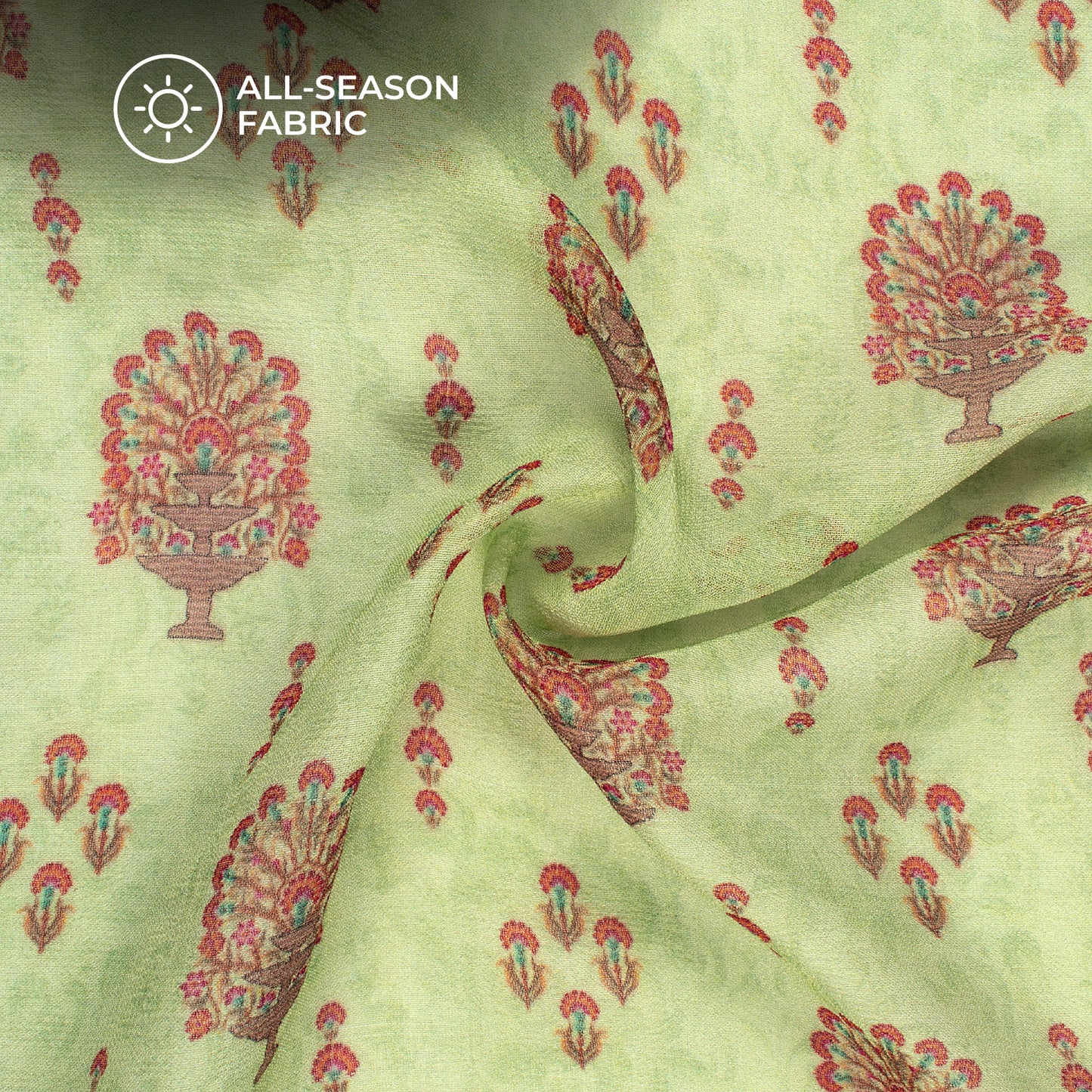 Tea Green And Orange Floral Digital Print Pure Georgette Fabric