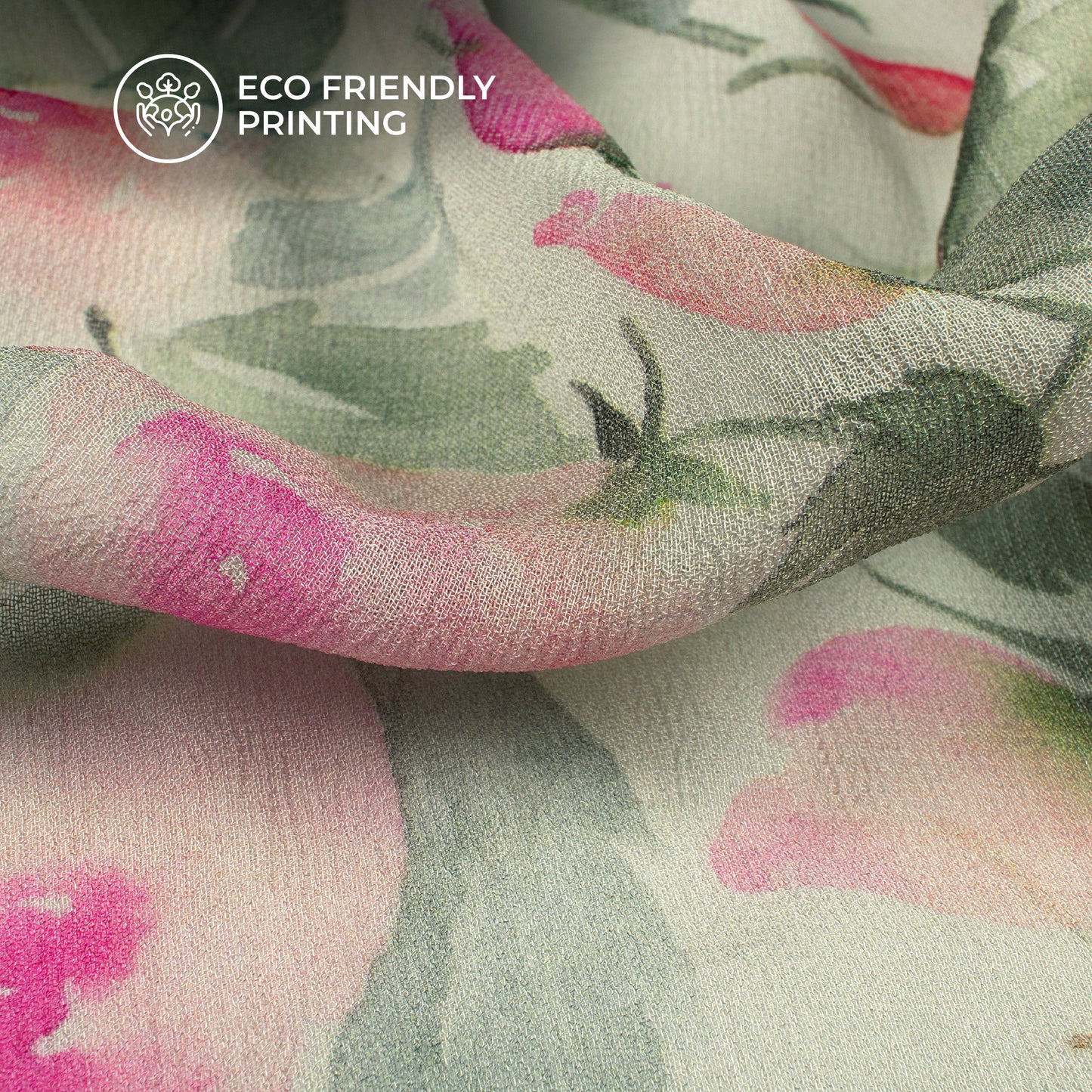 Tea Green And Pink Floral Digital Print Pure Georgette Fabric
