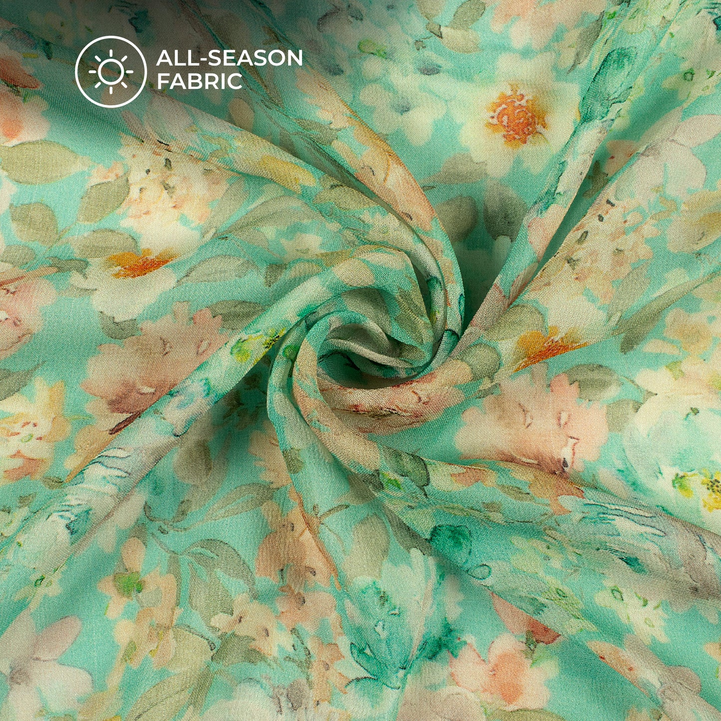 Turquoise Blue And Beige Floral Digital Print Pure Georgette Fabric