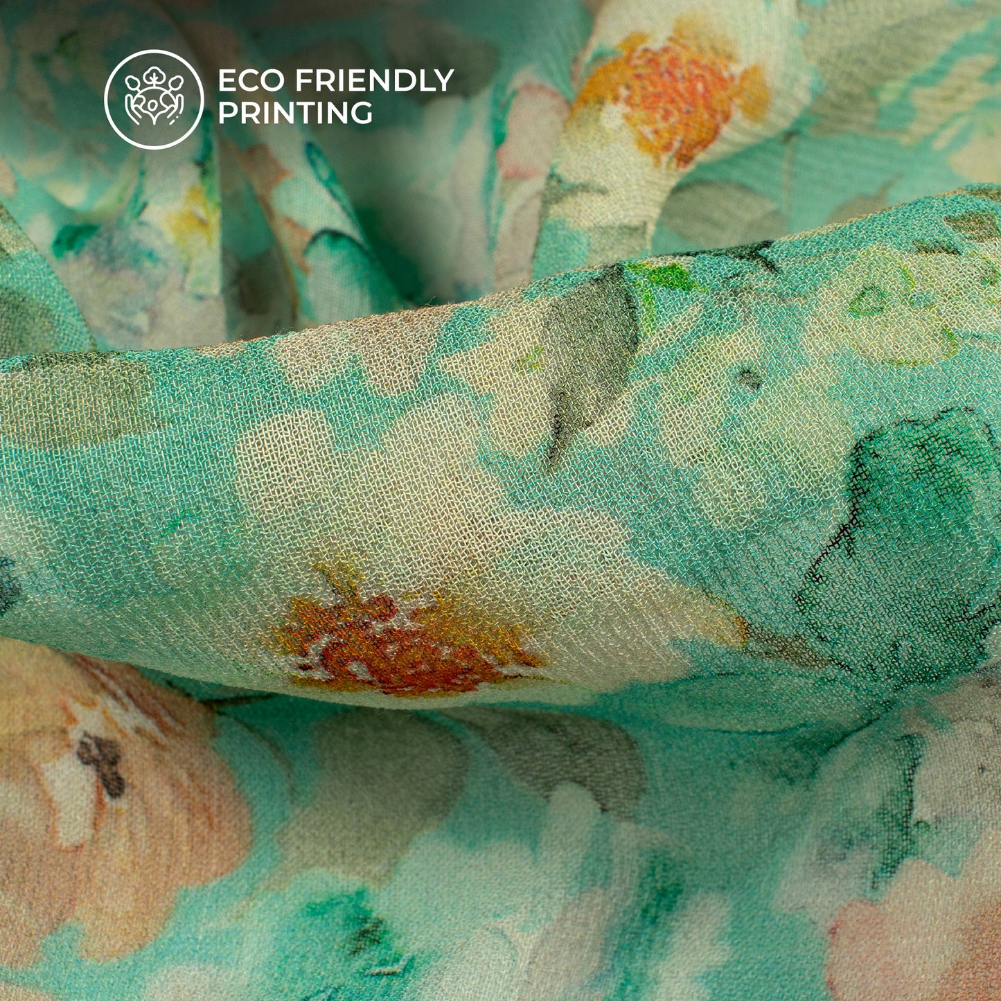 Turquoise Blue And Beige Floral Digital Print Pure Georgette Fabric