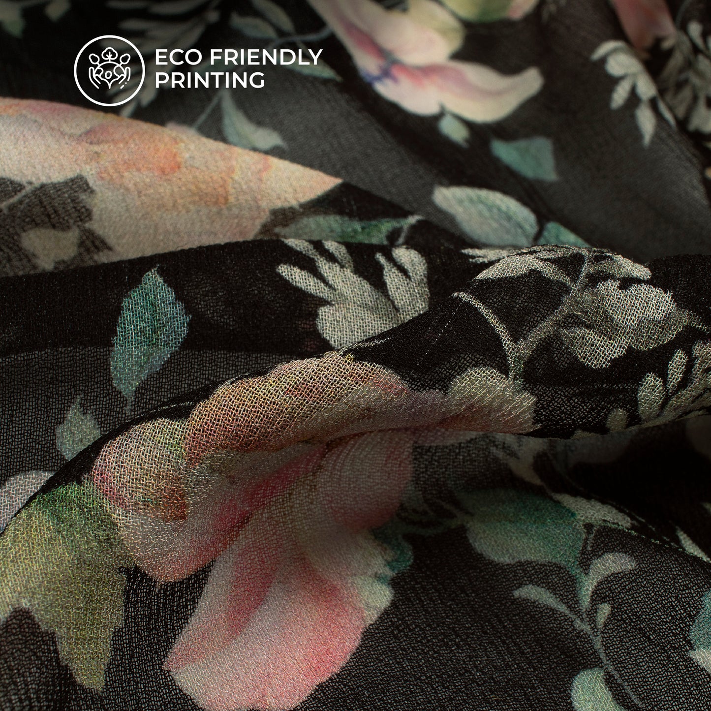 Oyster Beige And Black Floral Digital Print Pure Georgette Fabric