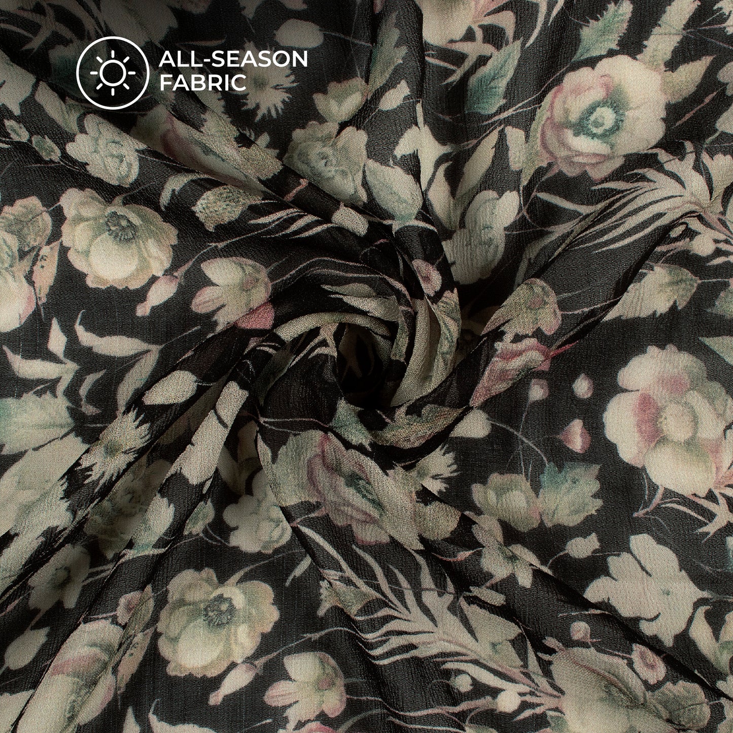 Ivory Cream And Black Floral Digital Print Pure Georgette Fabric