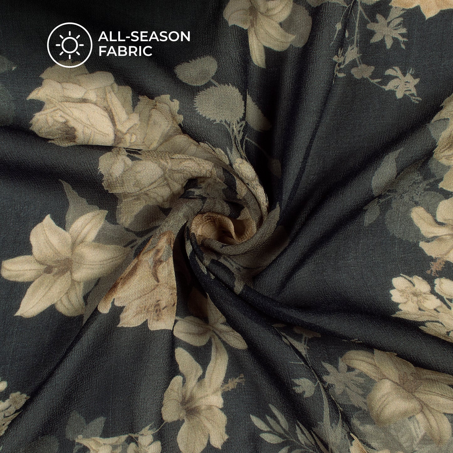 Dark Teal Blue And Beige Floral Digital Print Pure Georgette Fabric