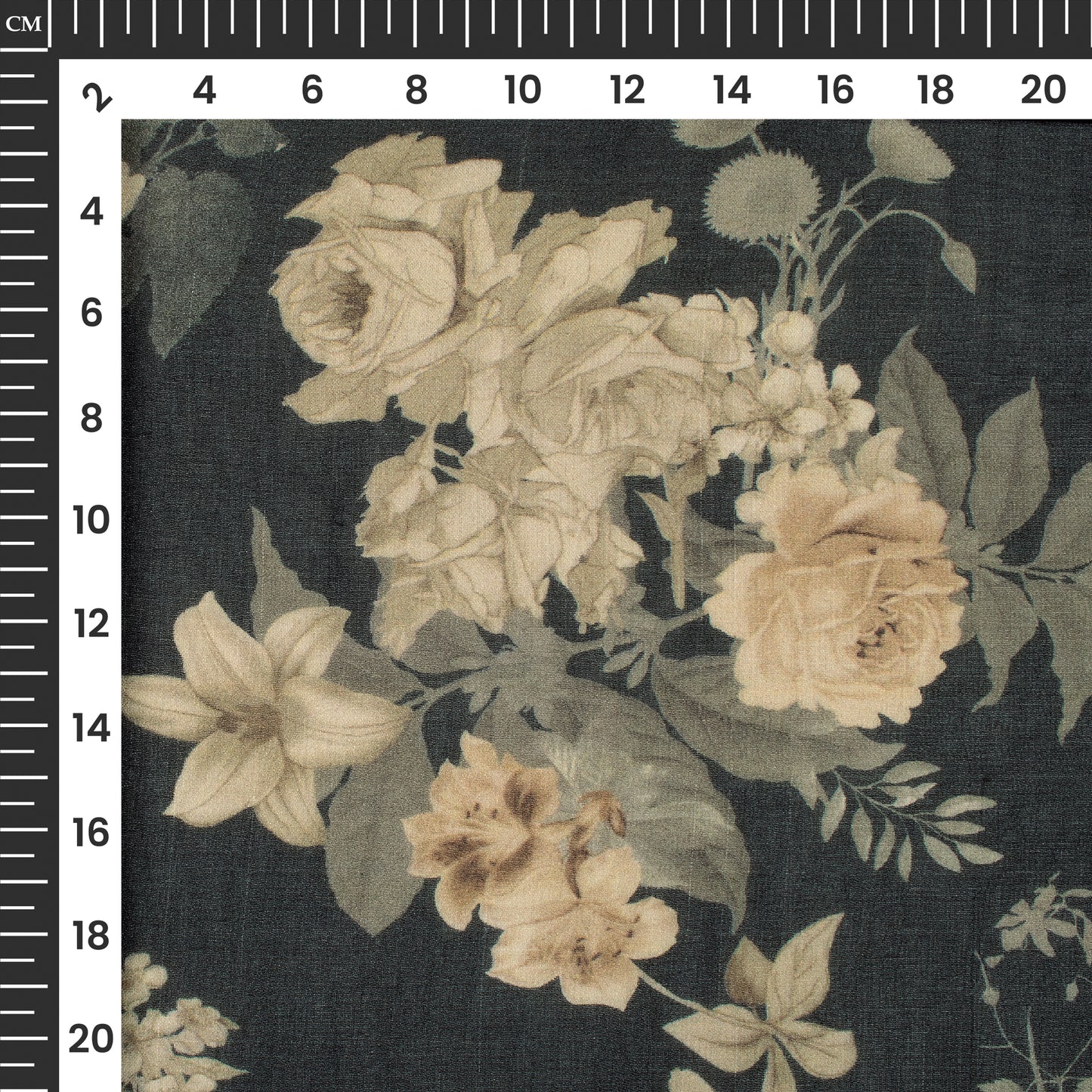 Dark Teal Blue And Beige Floral Digital Print Pure Georgette Fabric