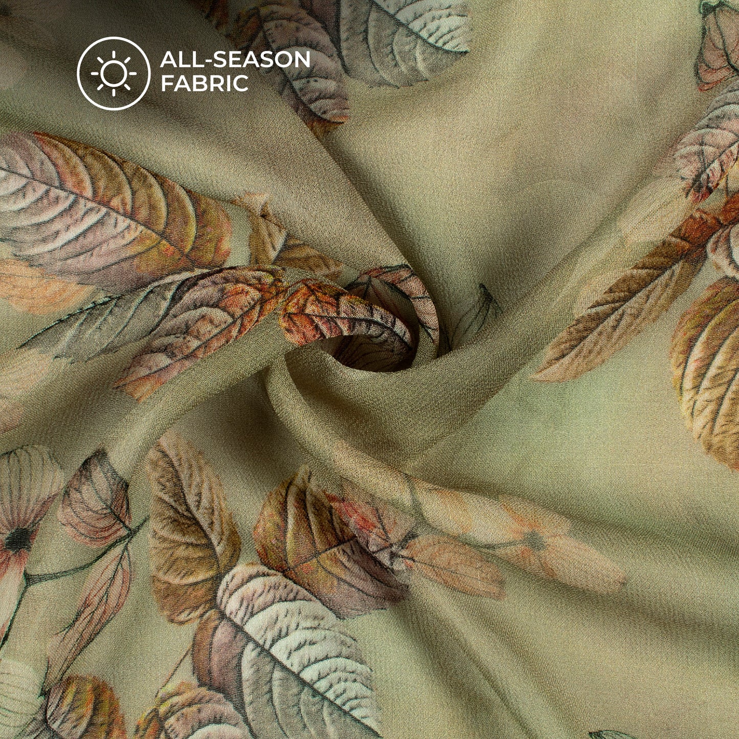 Sage Green And Yellow Leaf Digital Print Pure Georgette Fabric