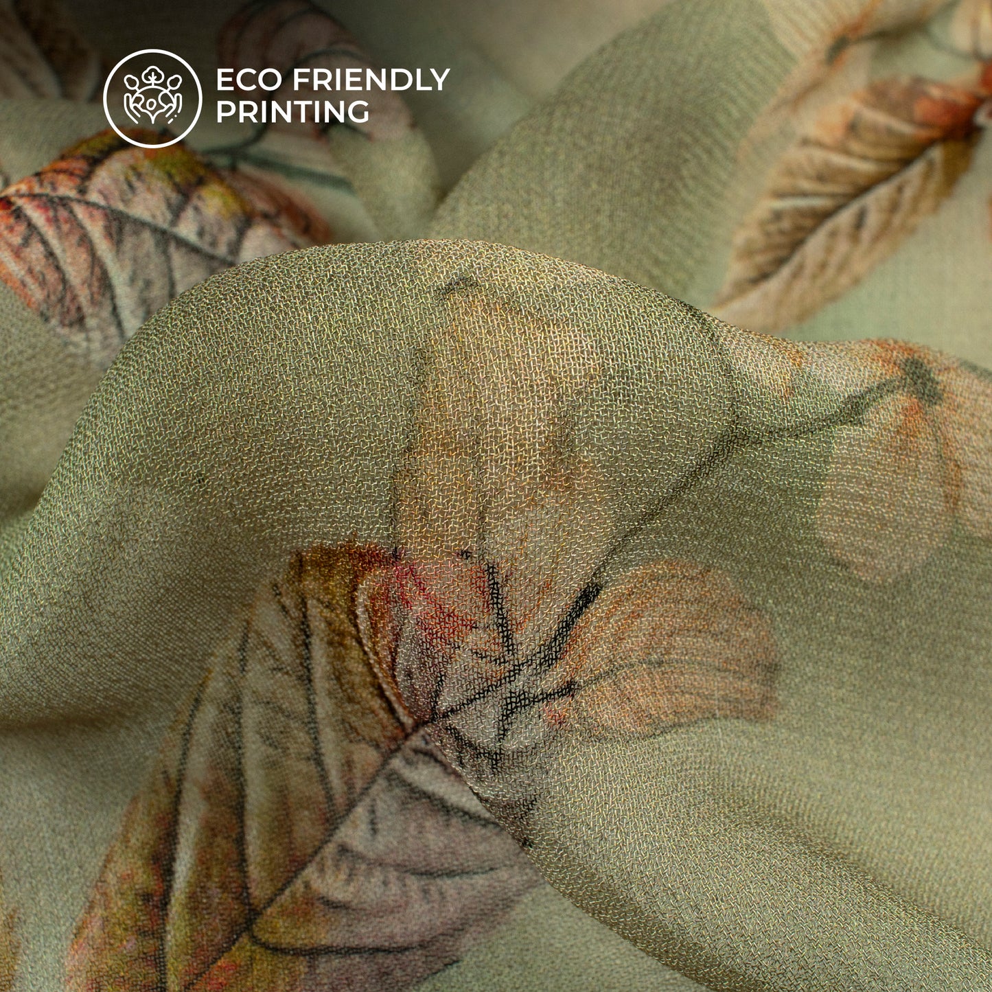 Sage Green And Yellow Leaf Digital Print Pure Georgette Fabric
