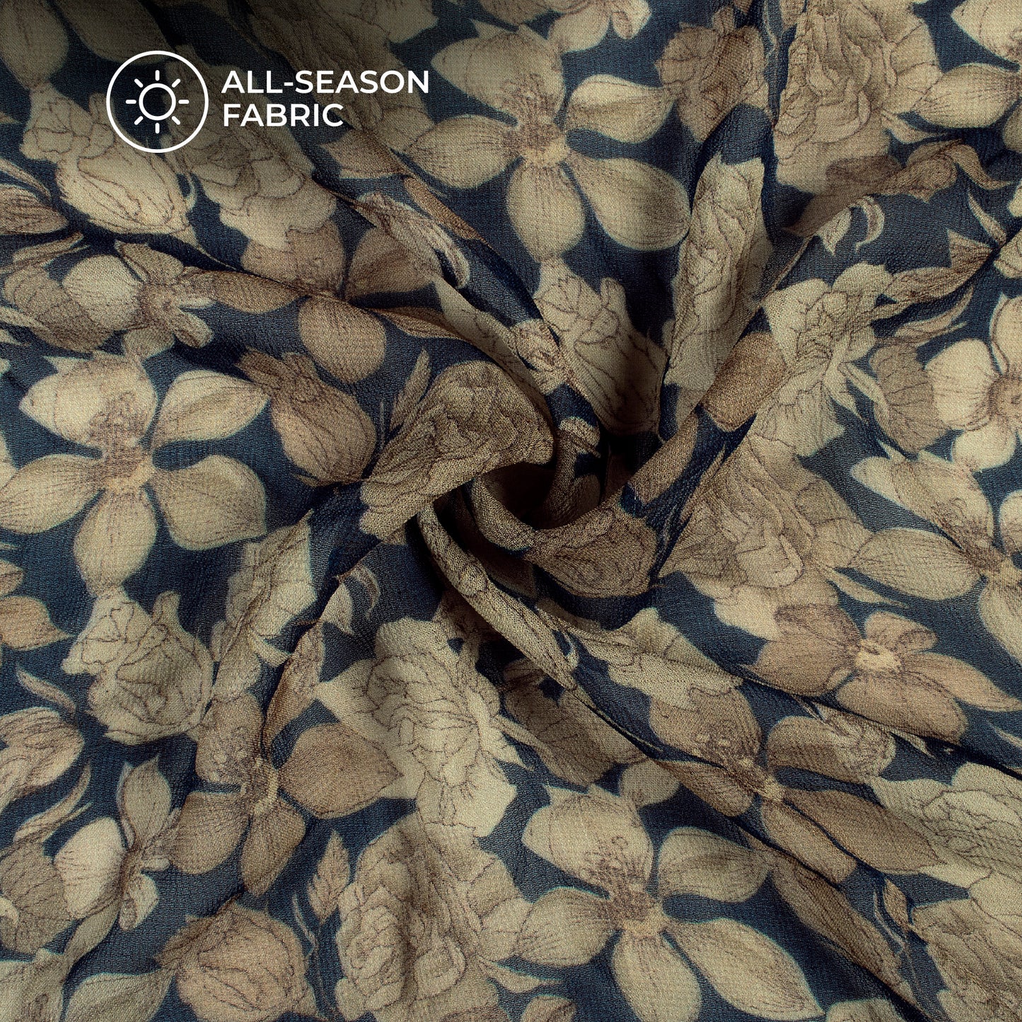 Navy Blue And Beige Floral Digital Print Pure Georgette Fabric