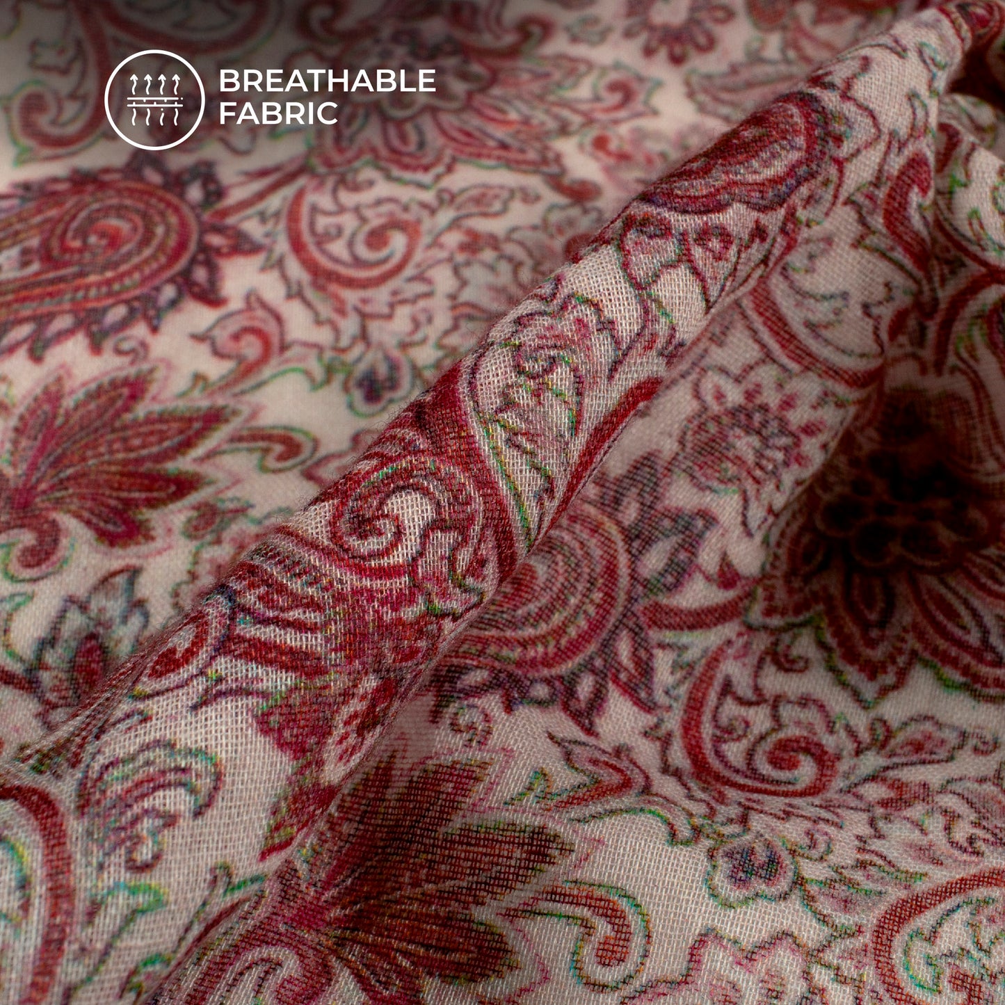 Exclusive Burgundy Red And Beige Paisely Digital Print Pure Cotton Mulmul Fabric