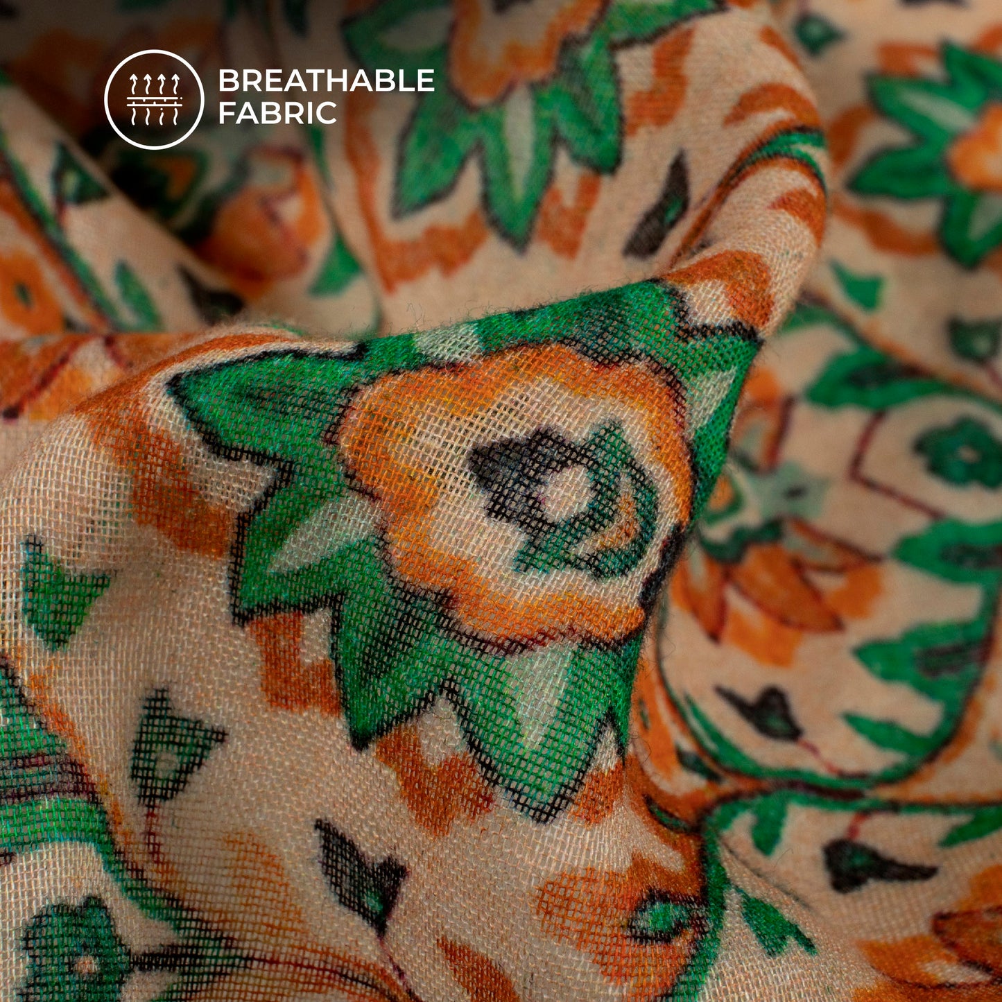 Exclusive Pale Orange And Green Floral Digital Print Pure Cotton Mulmul Fabric