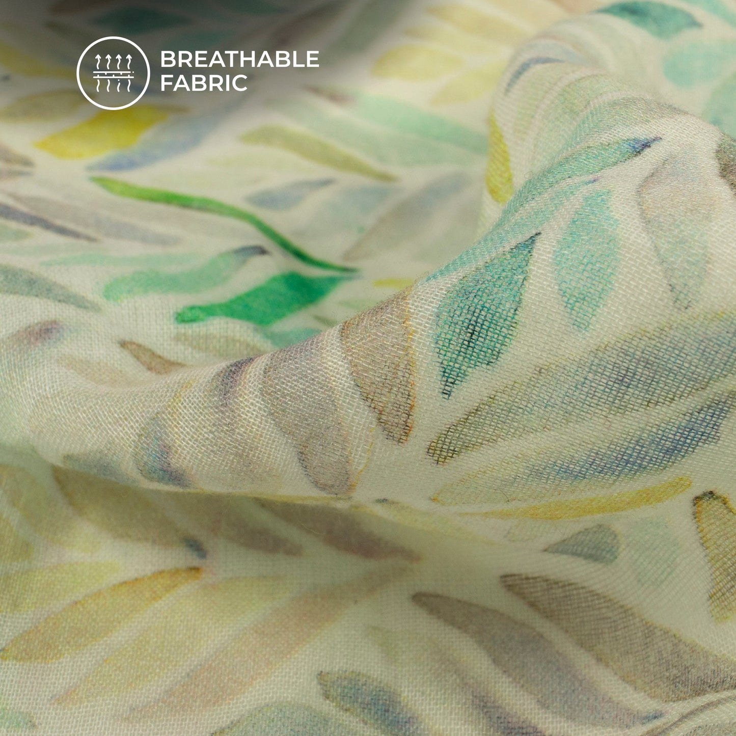 Exclusive White And Yellow Geometric Leaf Digital Print Pure Cotton Mulmul Fabric