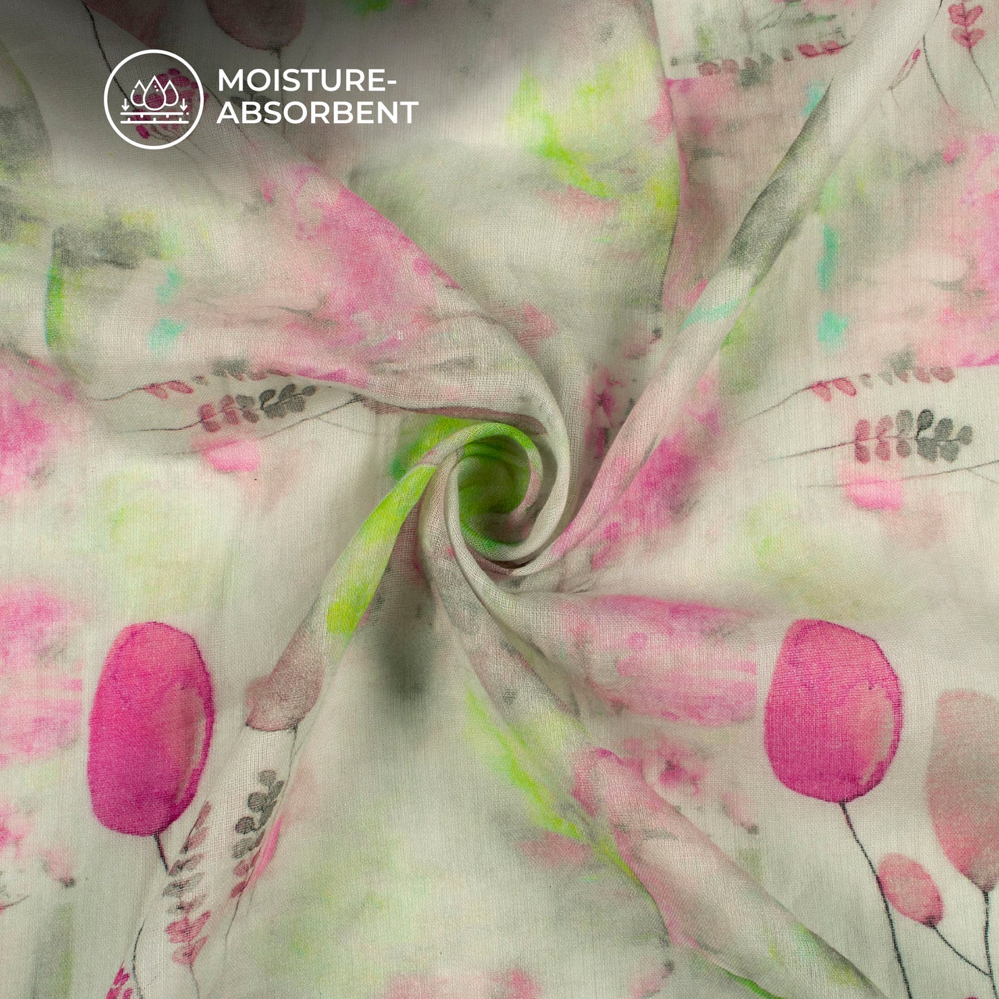 Taffy Pink And White Leaf Digital Print Pure Cotton Mulmul Fabric