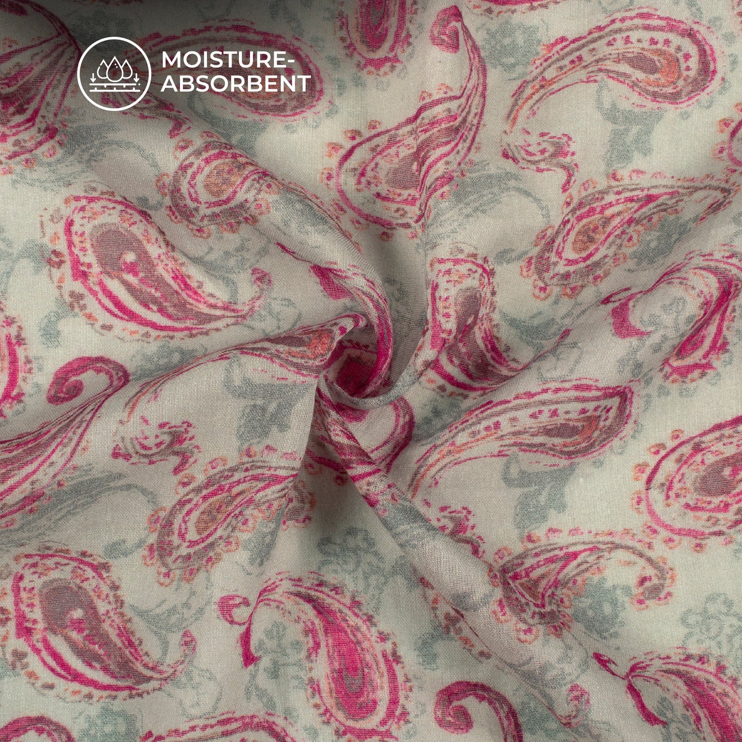 Magenta Pink And Grey Paisley Digital Print Pure Cotton Mulmul Fabric