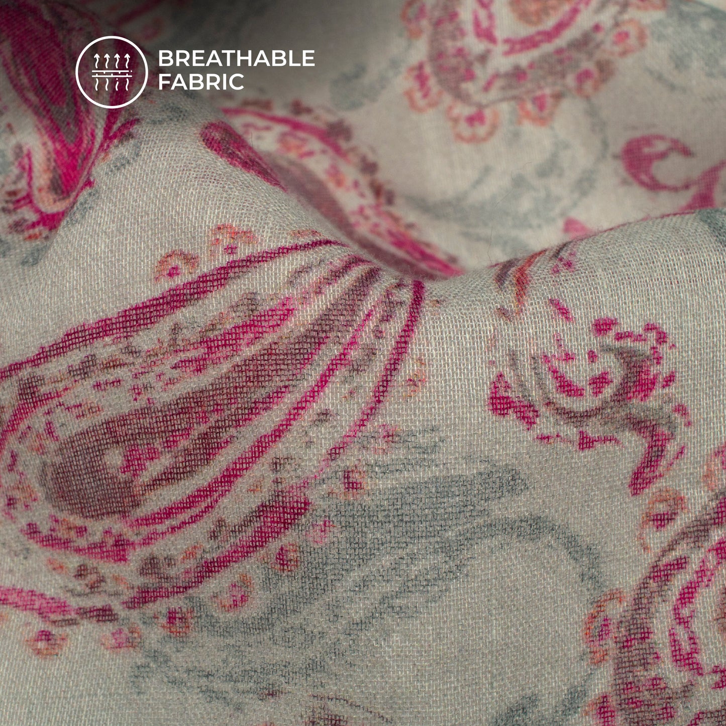 Magenta Pink And Grey Paisley Digital Print Pure Cotton Mulmul Fabric