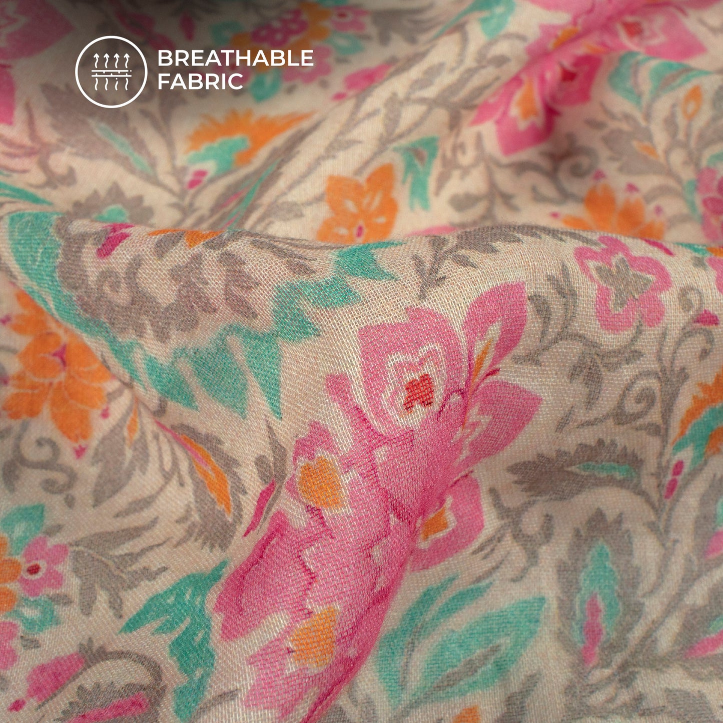 Taffy Pink And Beige Floral Digital Print Pure Cotton Mulmul Fabric