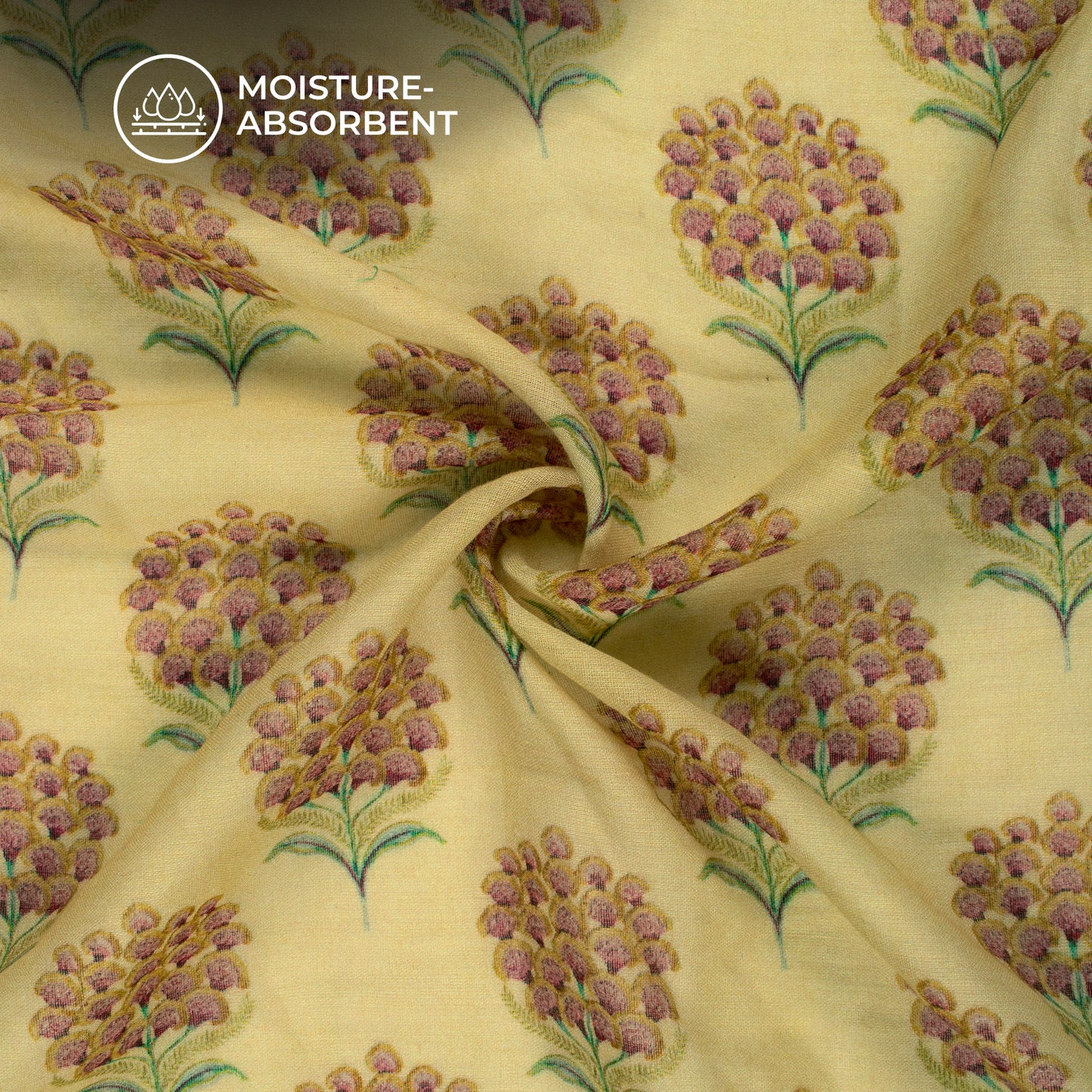 Flaxen Yellow And Pink Floral Digital Print Pure Cotton Mulmul Fabric