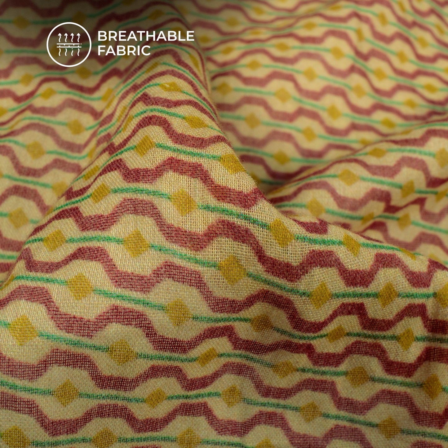 Burgundy Red And Yellow Geometric Digital Print Pure Cotton Mulmul Fabric