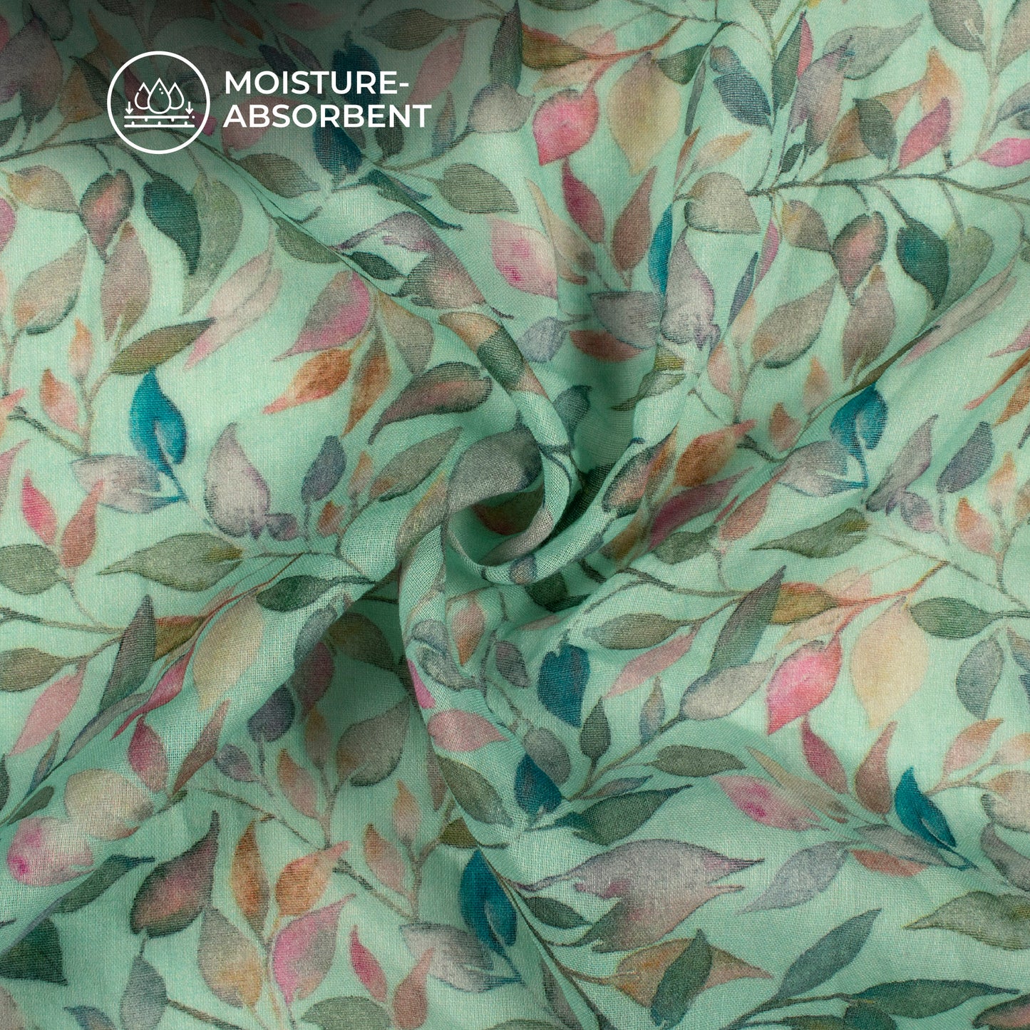 Mint Green And Pink Leaf Digital Print Pure Cotton Mulmul Fabric