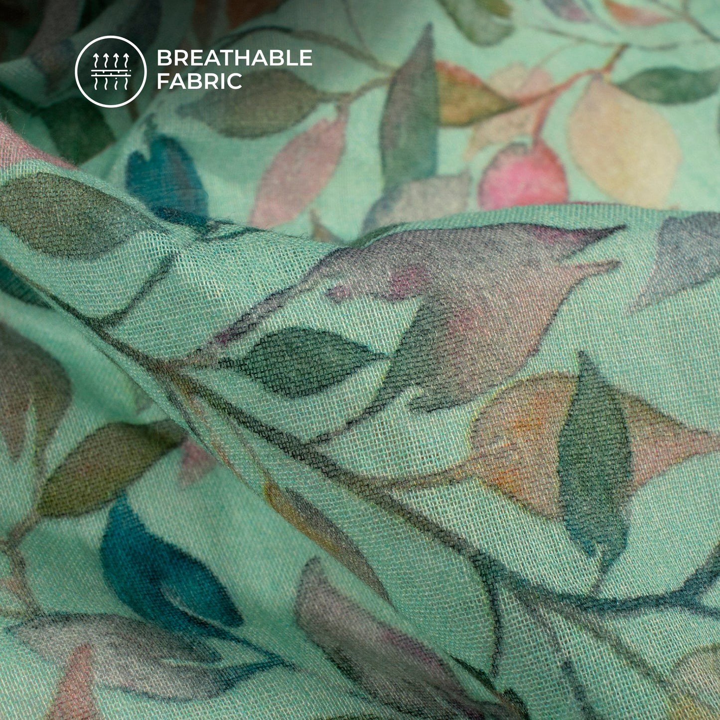 Mint Green And Pink Leaf Digital Print Pure Cotton Mulmul Fabric