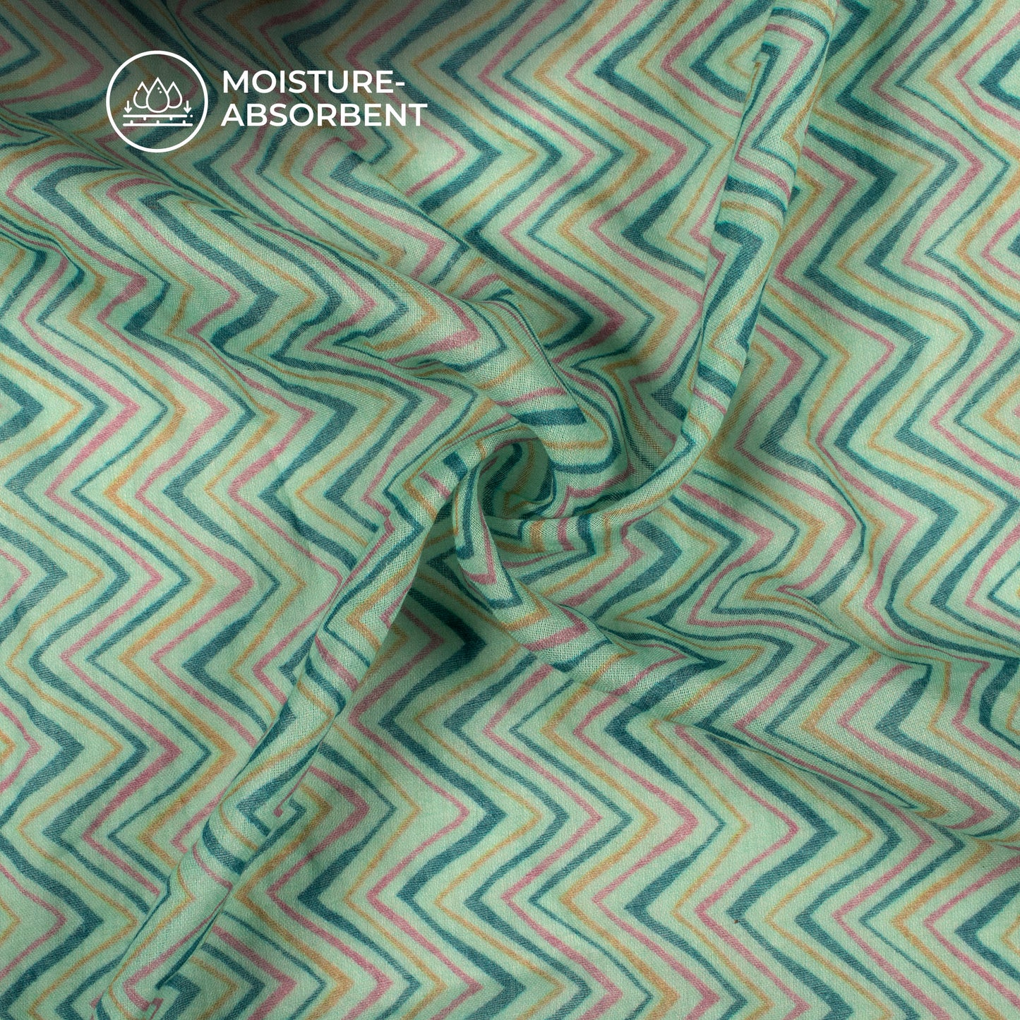 Mint Green And Blue Chevron Digital Print Pure Cotton Mulmul Fabric