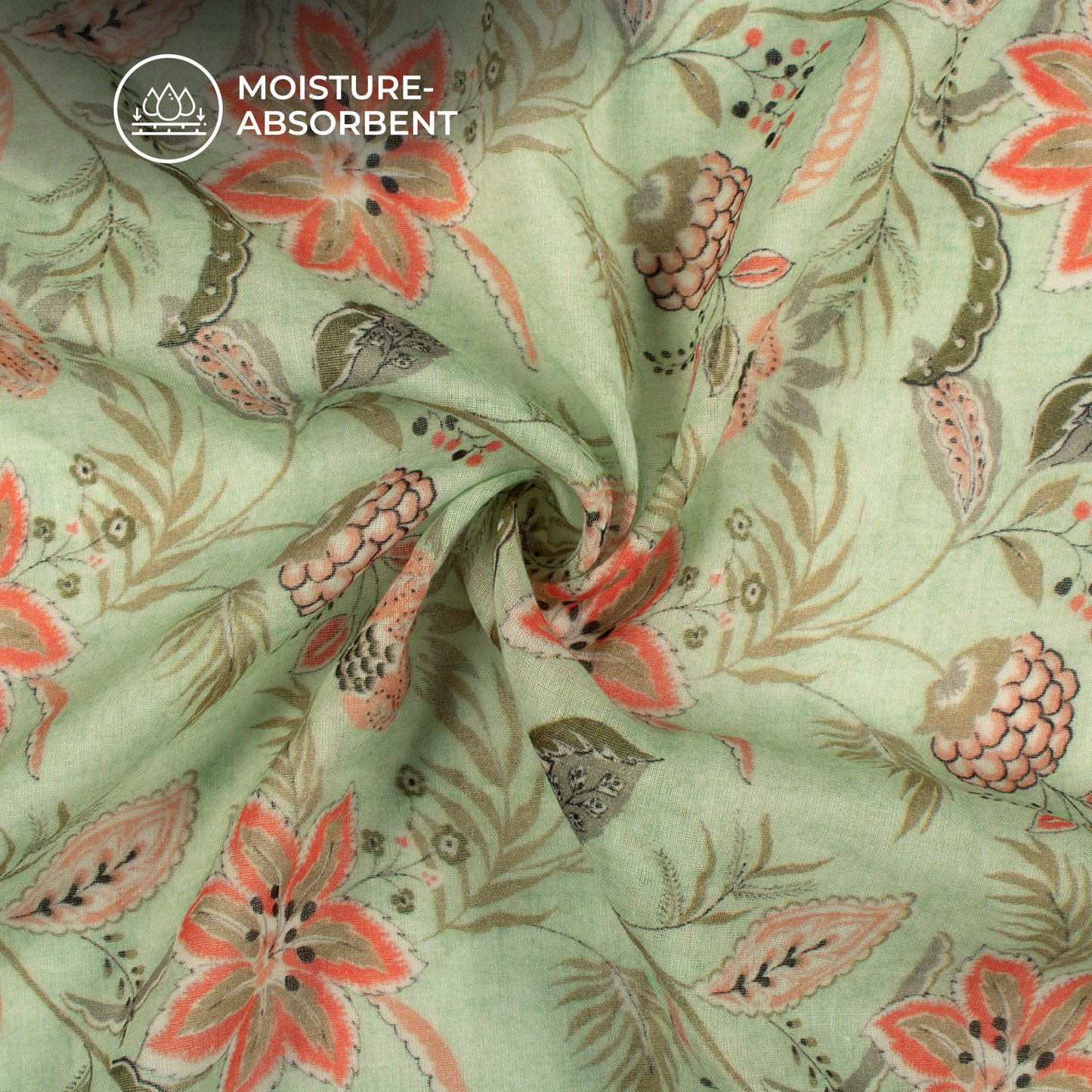 Sage Green And Orange Floral Digital Print Pure Cotton Mulmul Fabric