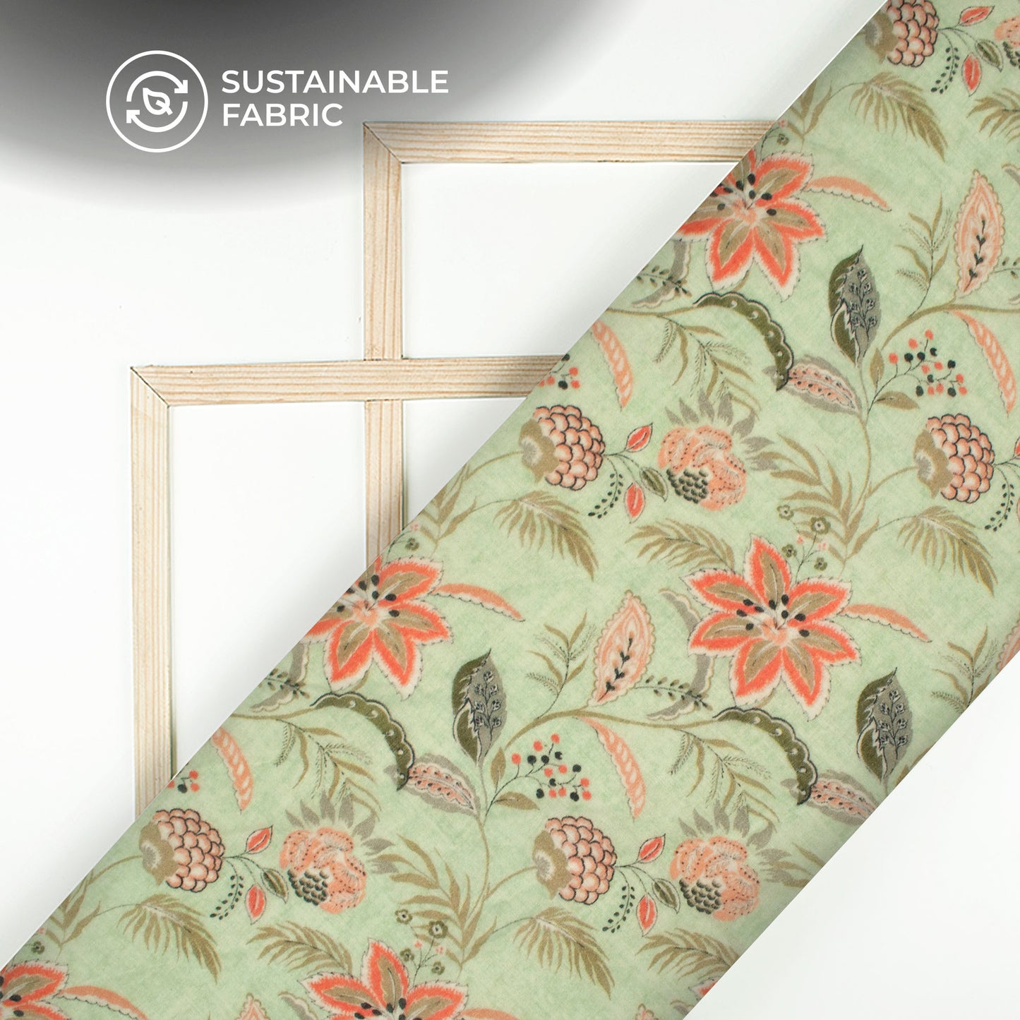 Sage Green And Orange Floral Digital Print Pure Cotton Mulmul Fabric