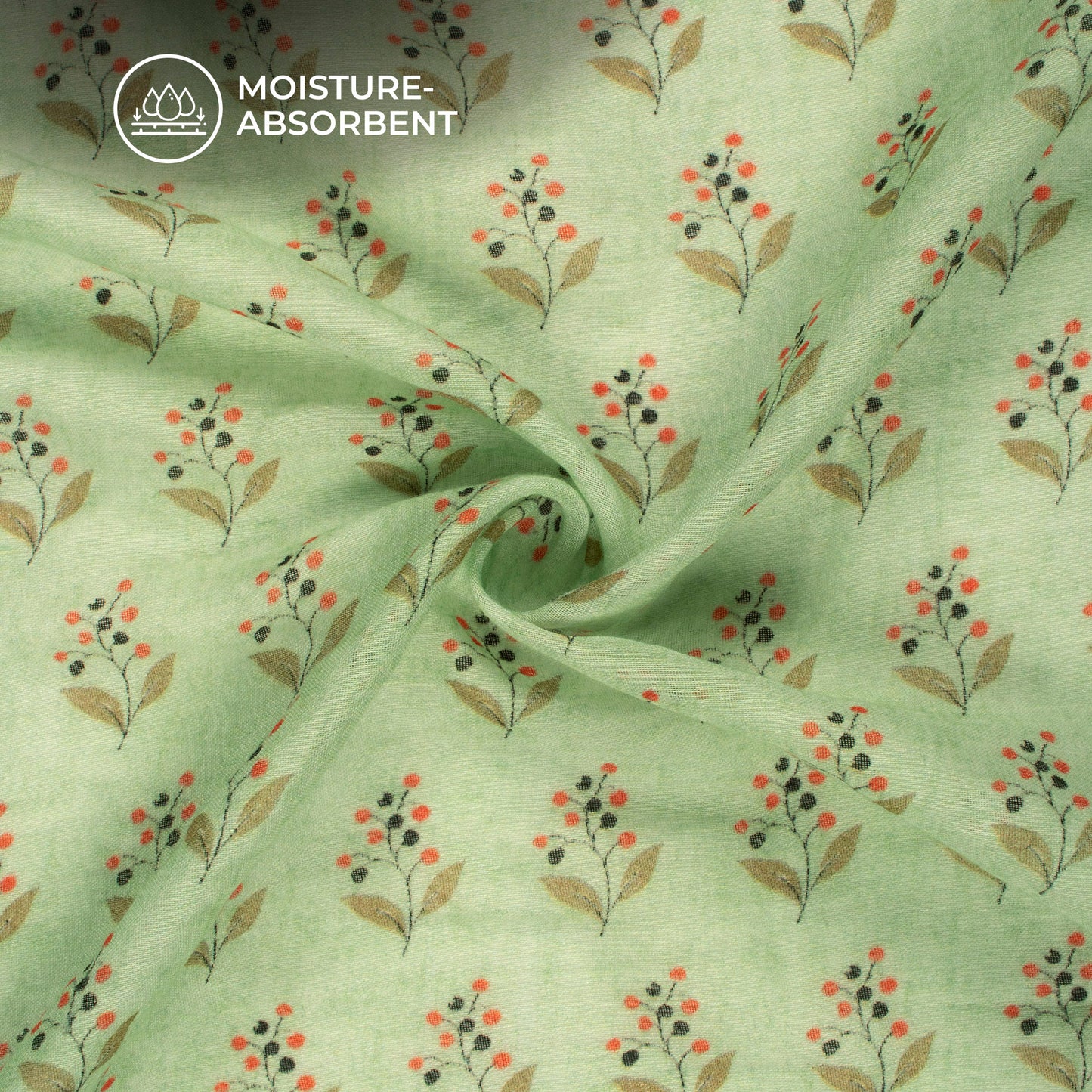 Tea Green And Orange Floral Digital Print Pure Cotton Mulmul Fabric