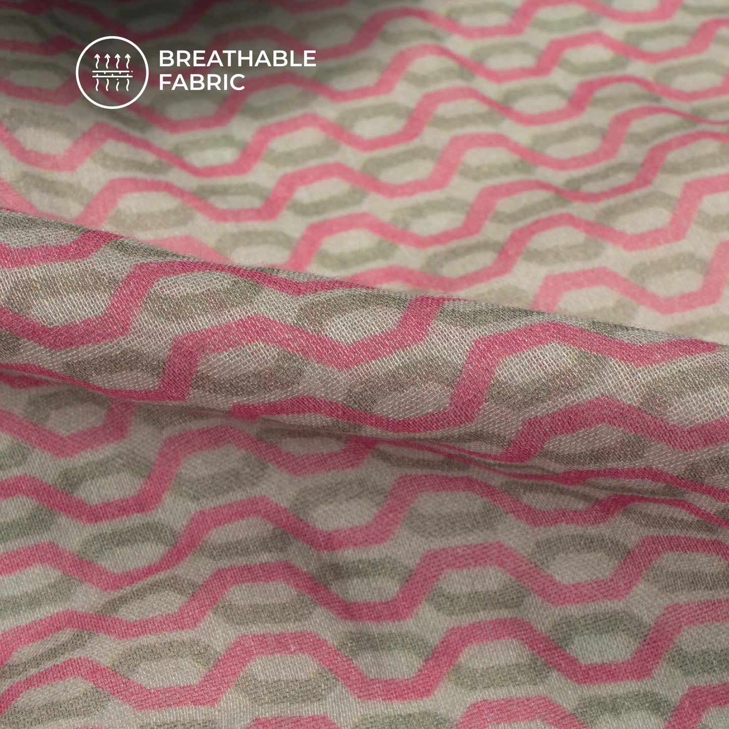 Taffy Pink And Grey Chain Digital Print Pure Cotton Mulmul Fabric