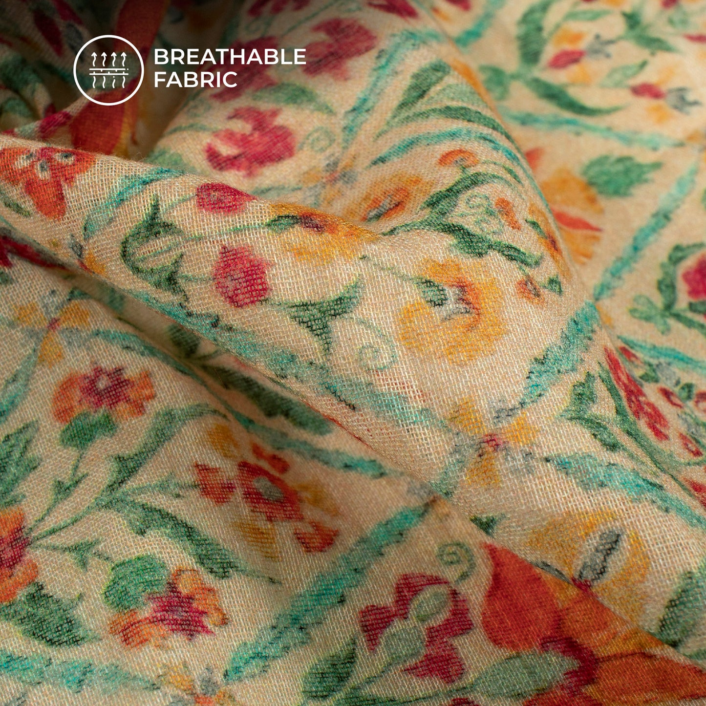 Exclusive Vanilla Yellow And Orange Floral Digital Print Pure Cotton Mulmul Fabric