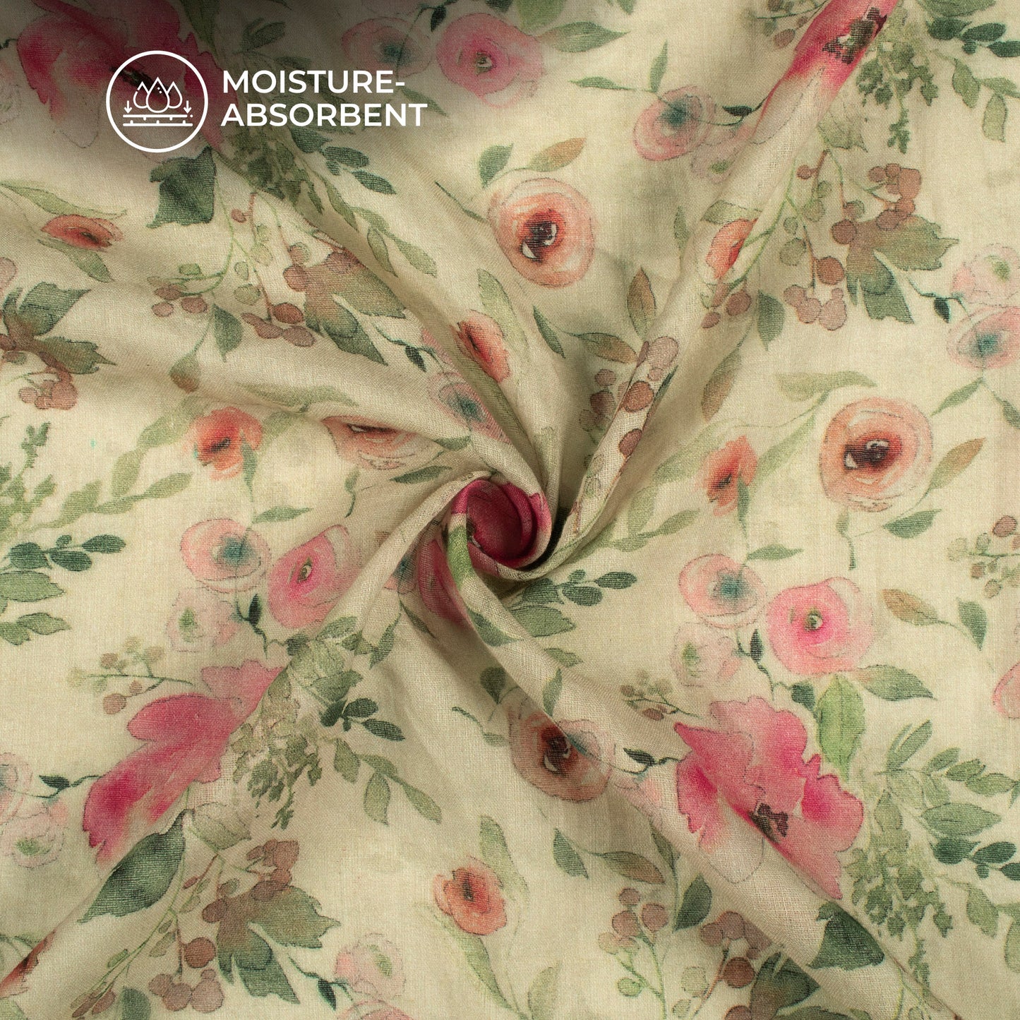 Rose Pink And Cream Floral Digital Print Pure Cotton Mulmul Fabric