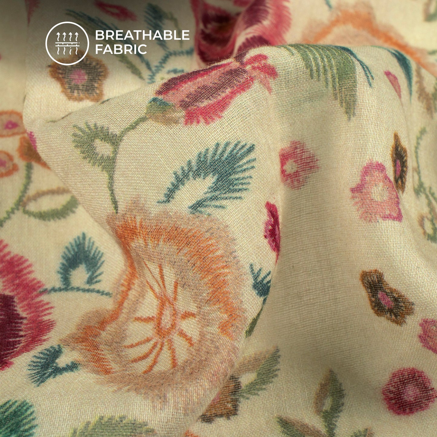 Salmon Pink And Cream Floral Digital Print Pure Cotton Mulmul Fabric
