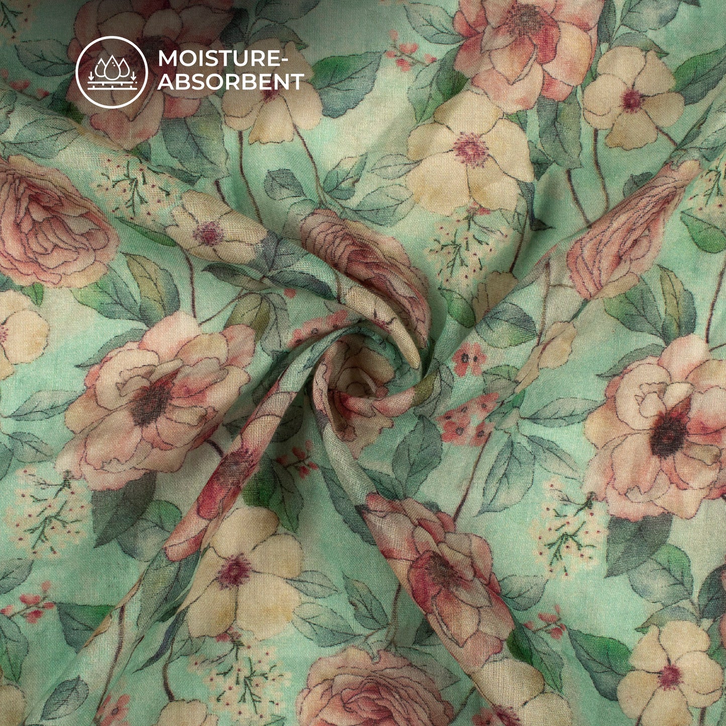 Mint Green And Peach Floral Digital Print Pure Cotton Mulmul Fabric