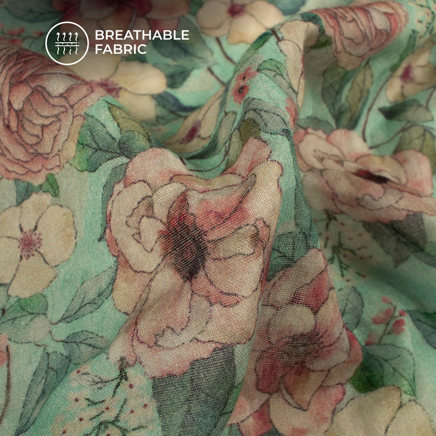 Mint Green And Peach Floral Digital Print Pure Cotton Mulmul Fabric