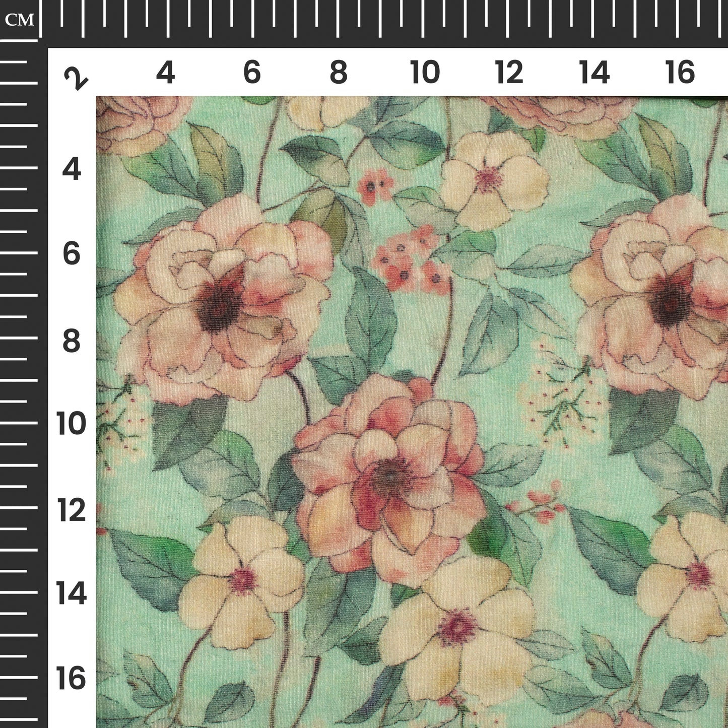 Mint Green And Peach Floral Digital Print Pure Cotton Mulmul Fabric