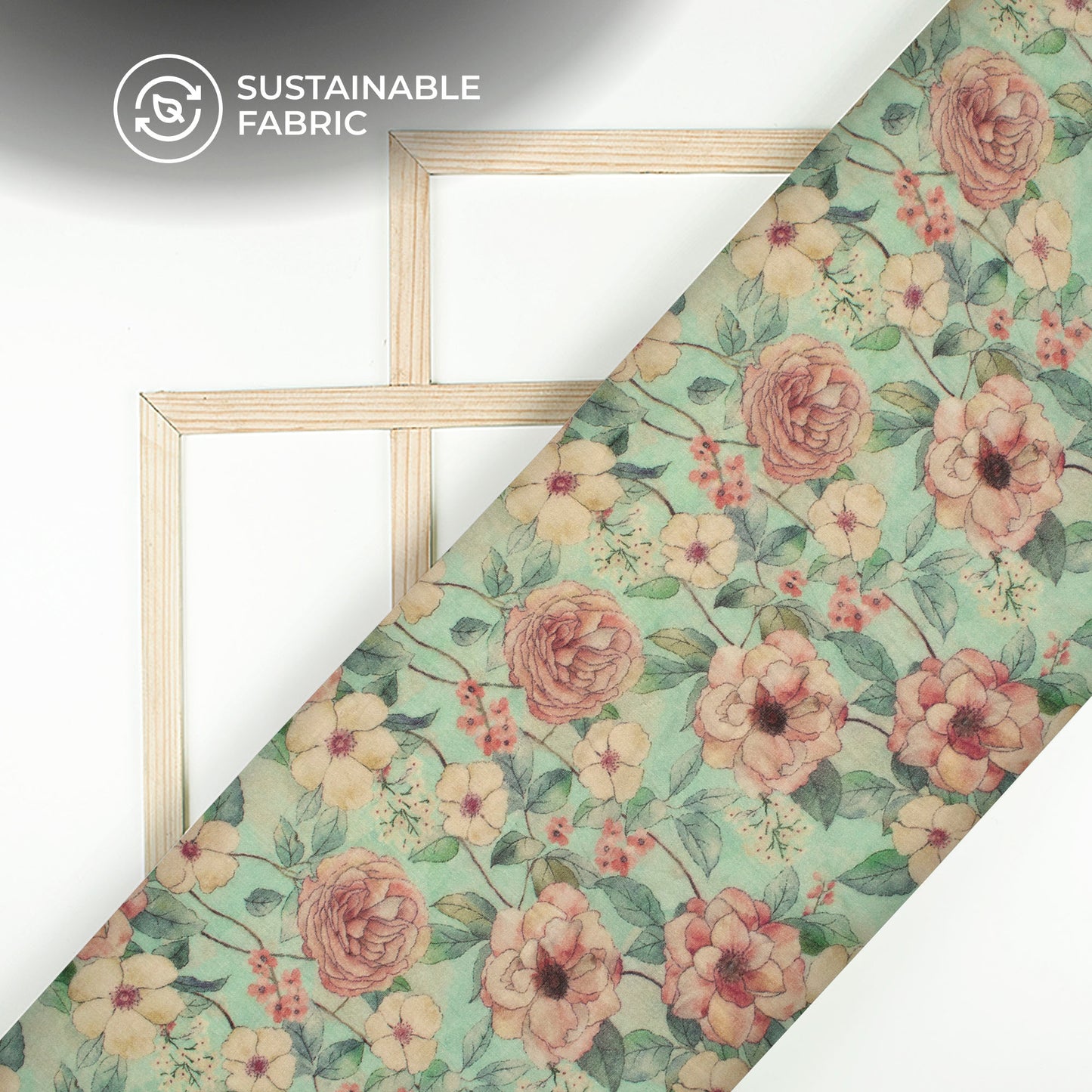 Mint Green And Peach Floral Digital Print Pure Cotton Mulmul Fabric