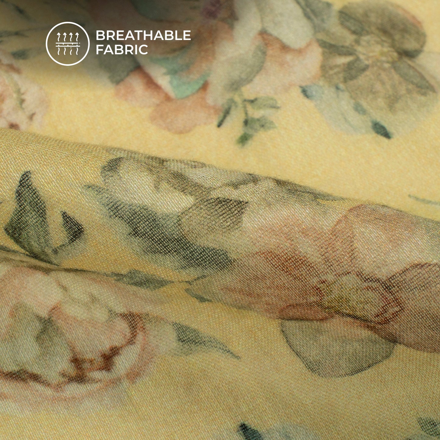 Banana Yellow And Beige Floral Digital Print Pure Cotton Mulmul Fabric