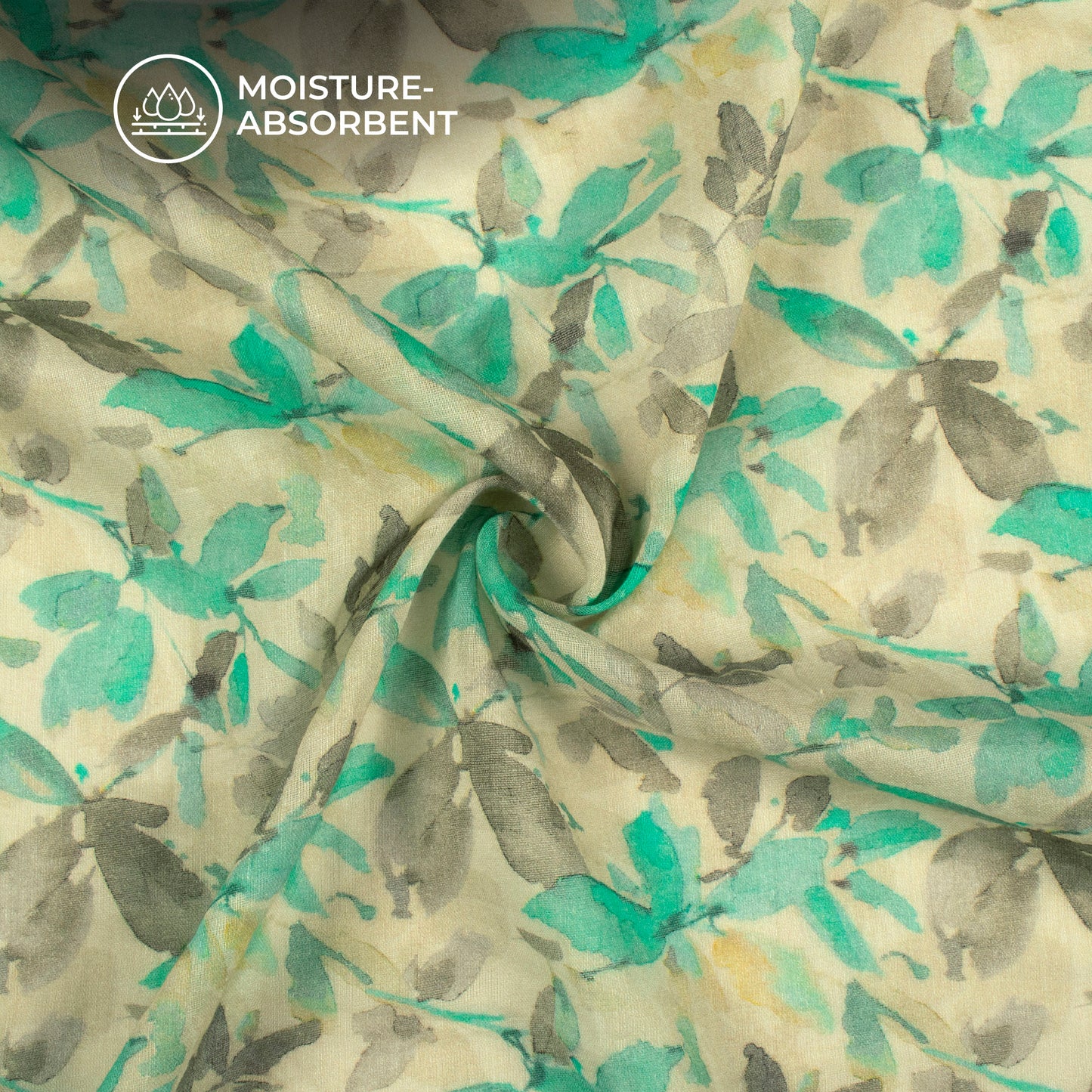 Turquoise Blue And Grey Leaf Digital Print Pure Cotton Mulmul Fabric