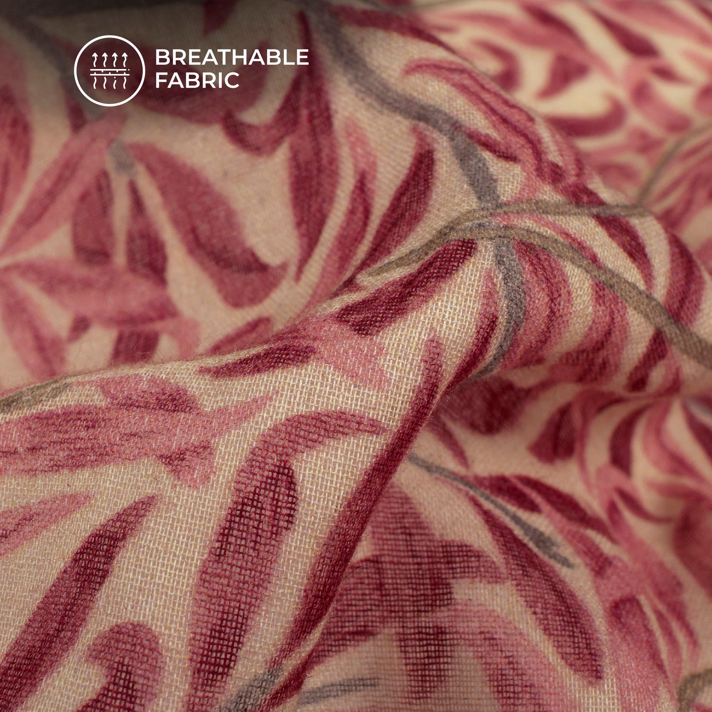 Taffy Pink And Maroon Leaf Digital Print Pure Cotton Mulmul Fabric