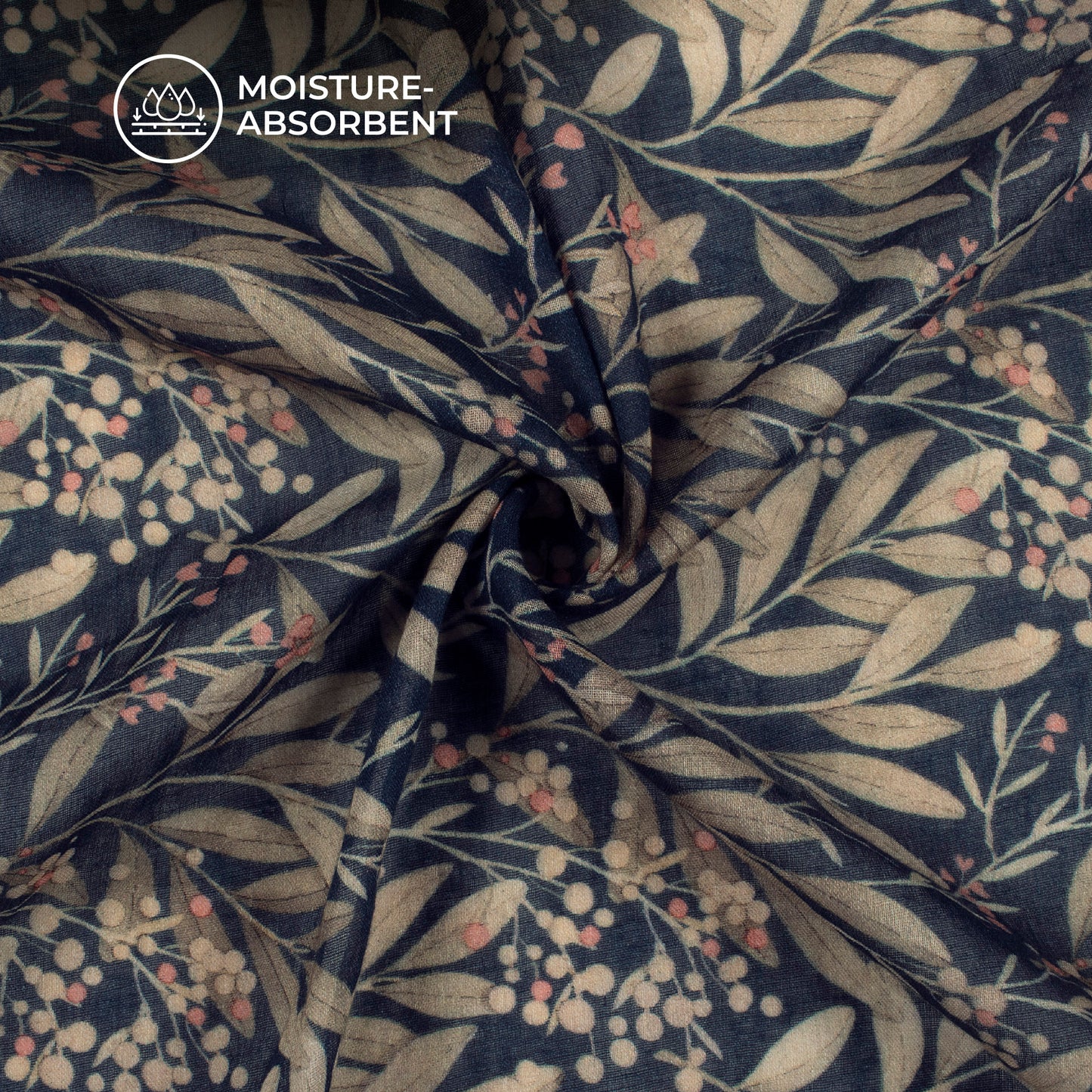 Exclusive Navy Blue And Beige Leaf Digital Print Pure Cotton Mulmul Fabric