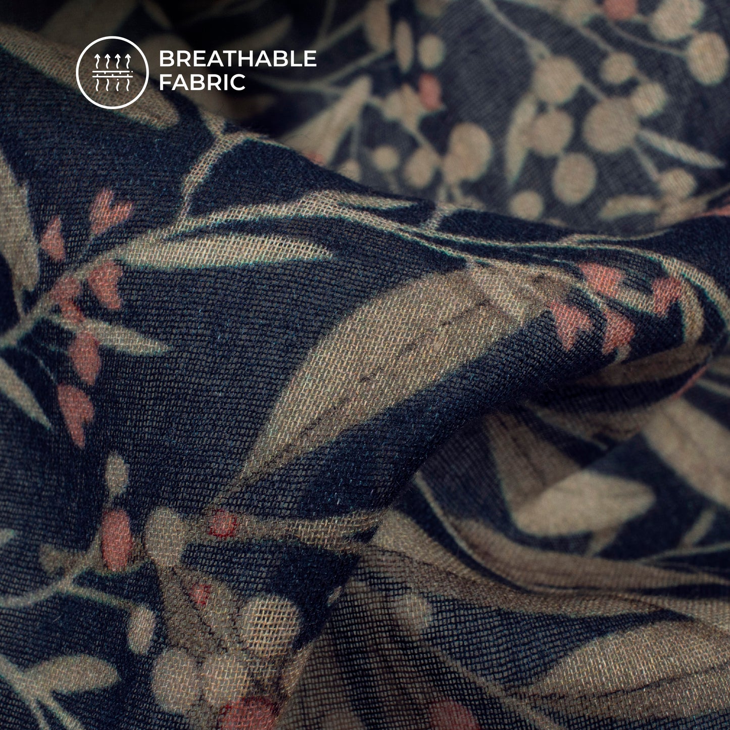 Exclusive Navy Blue And Beige Leaf Digital Print Pure Cotton Mulmul Fabric