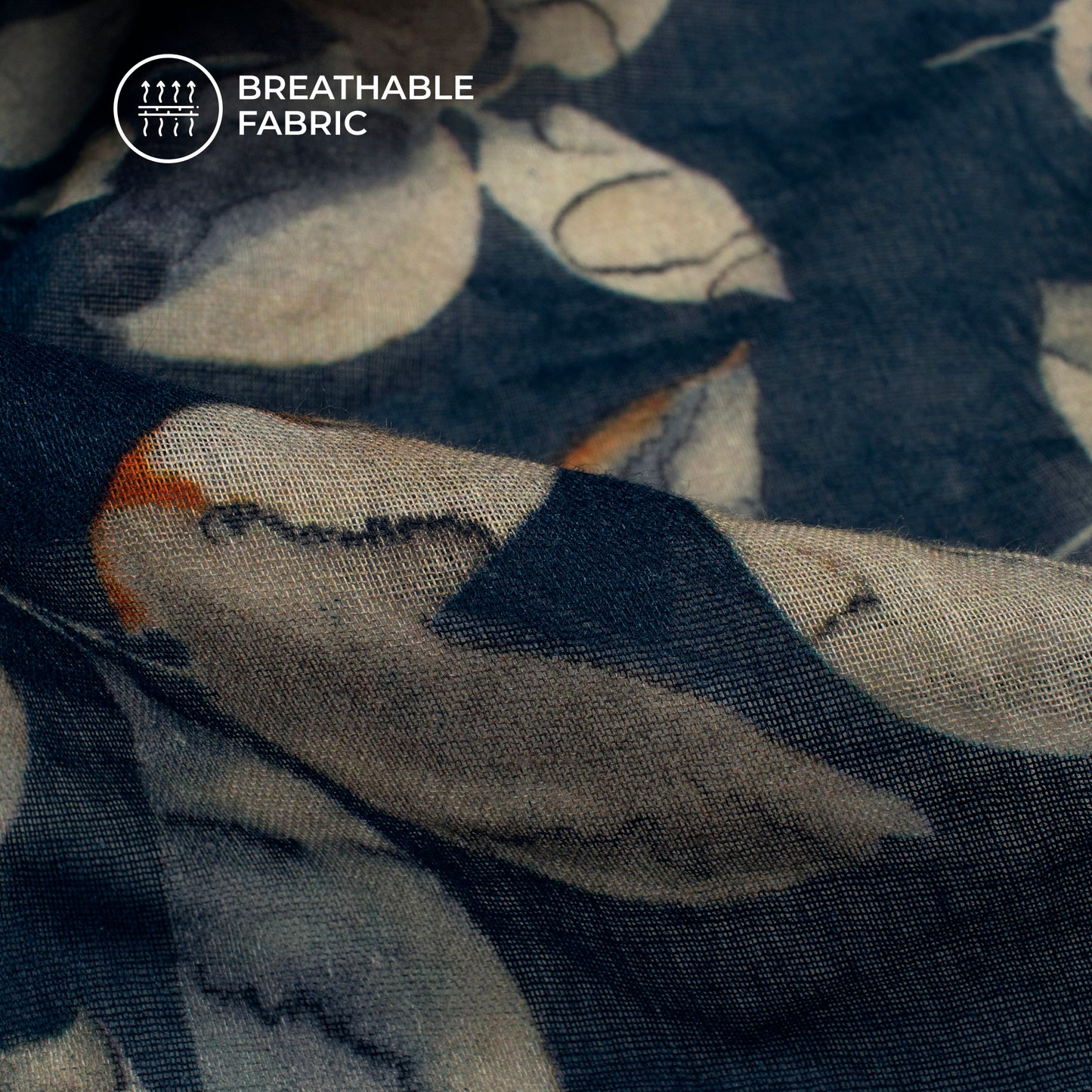 Navy Blue And Beige Leaf Digital Print Pure Cotton Mulmul Fabric