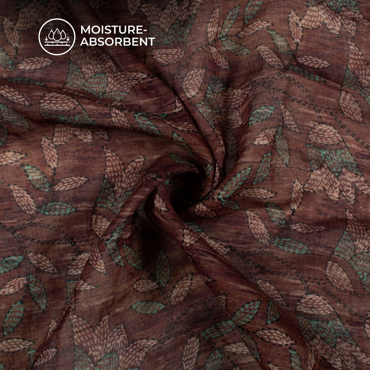 Pecan Brown And Green Floral Digital Print Pure Cotton Mulmul Fabric