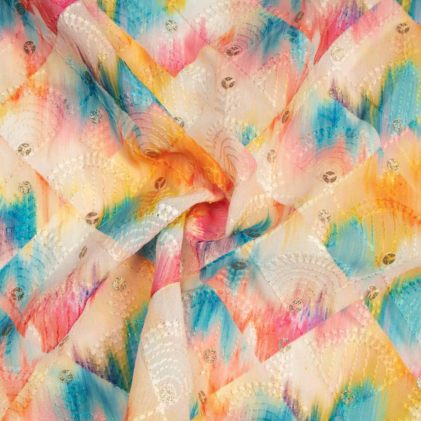 Multi-Color Tye And Dye Zari Sequins Embroidery Digital Print Georgette Fabric