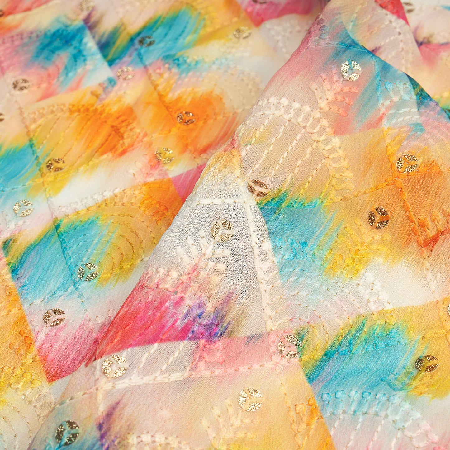 Multi-Color Tye And Dye Zari Sequins Embroidery Digital Print Georgette Fabric