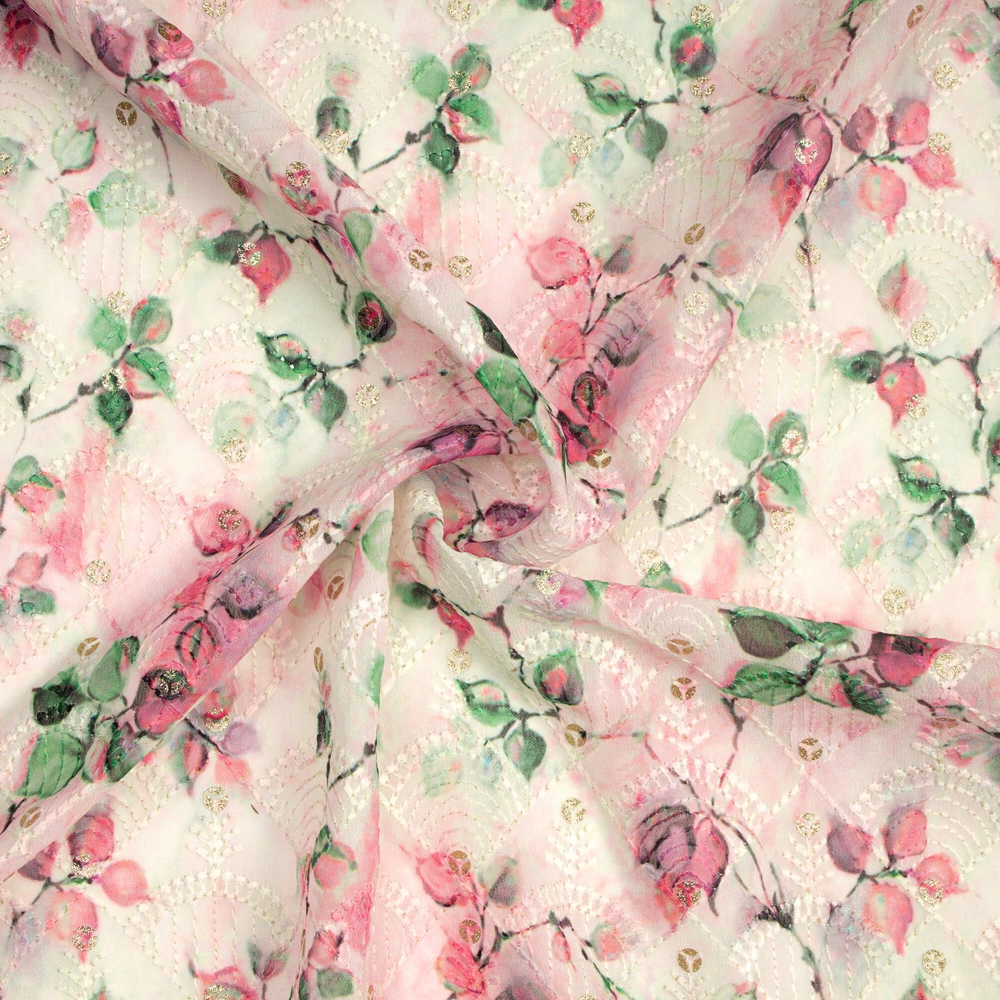 Gorgeous Pink Floral Zari Sequins Embroidery Digital Print Georgette Fabric