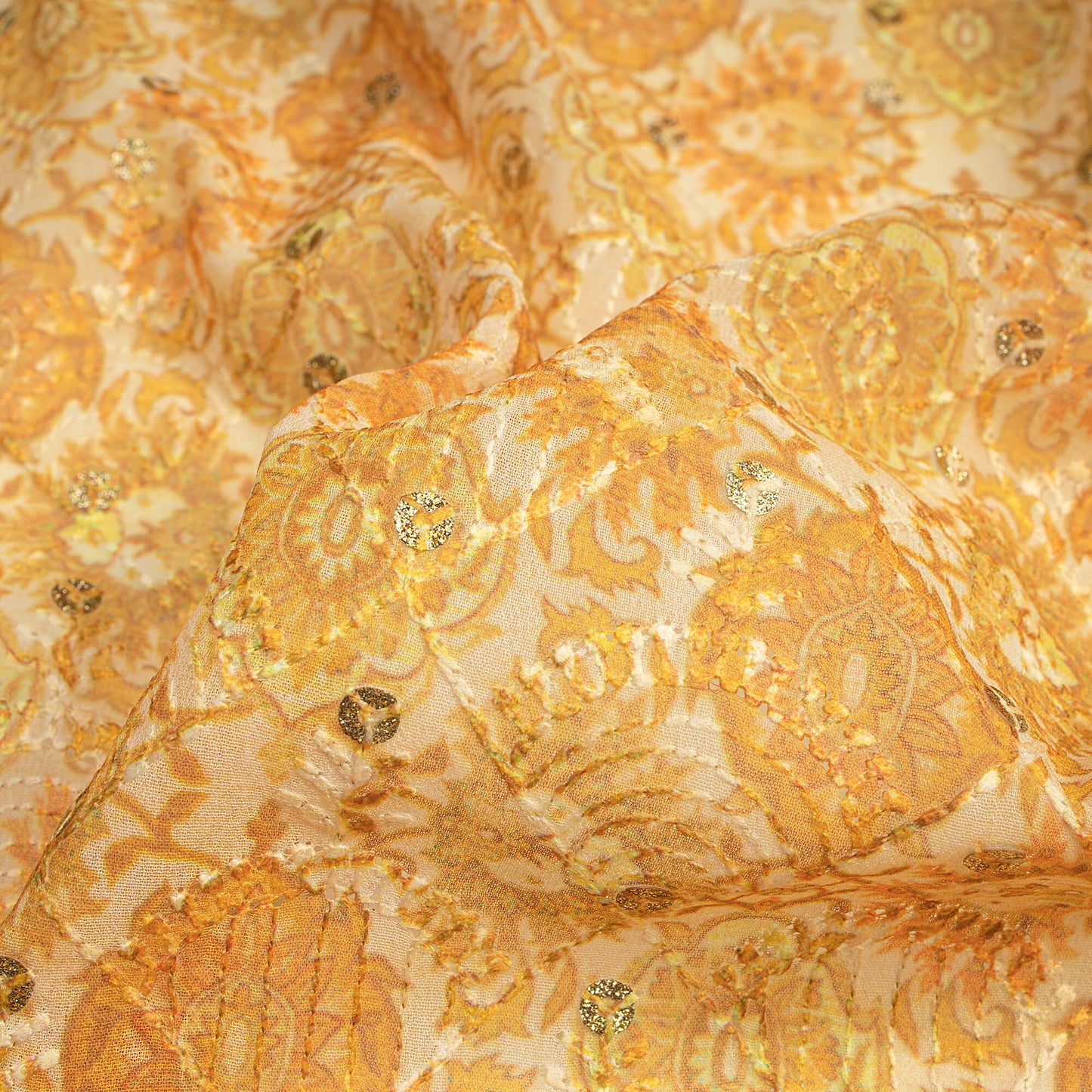 Classical Ethnic Zari Sequins Embroidery Digital Print Georgette Fabric