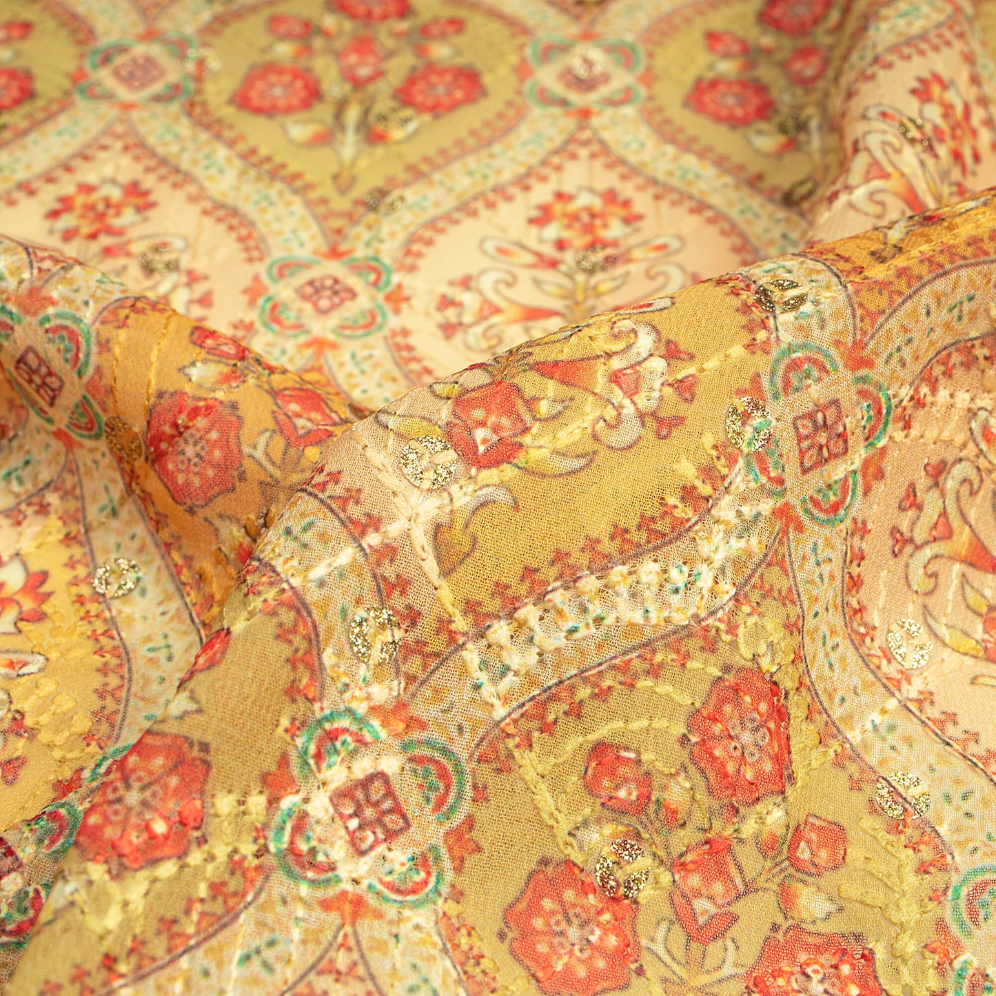 Attractive Floral Zari Sequins Embroidery Digital Print Georgette Fabric